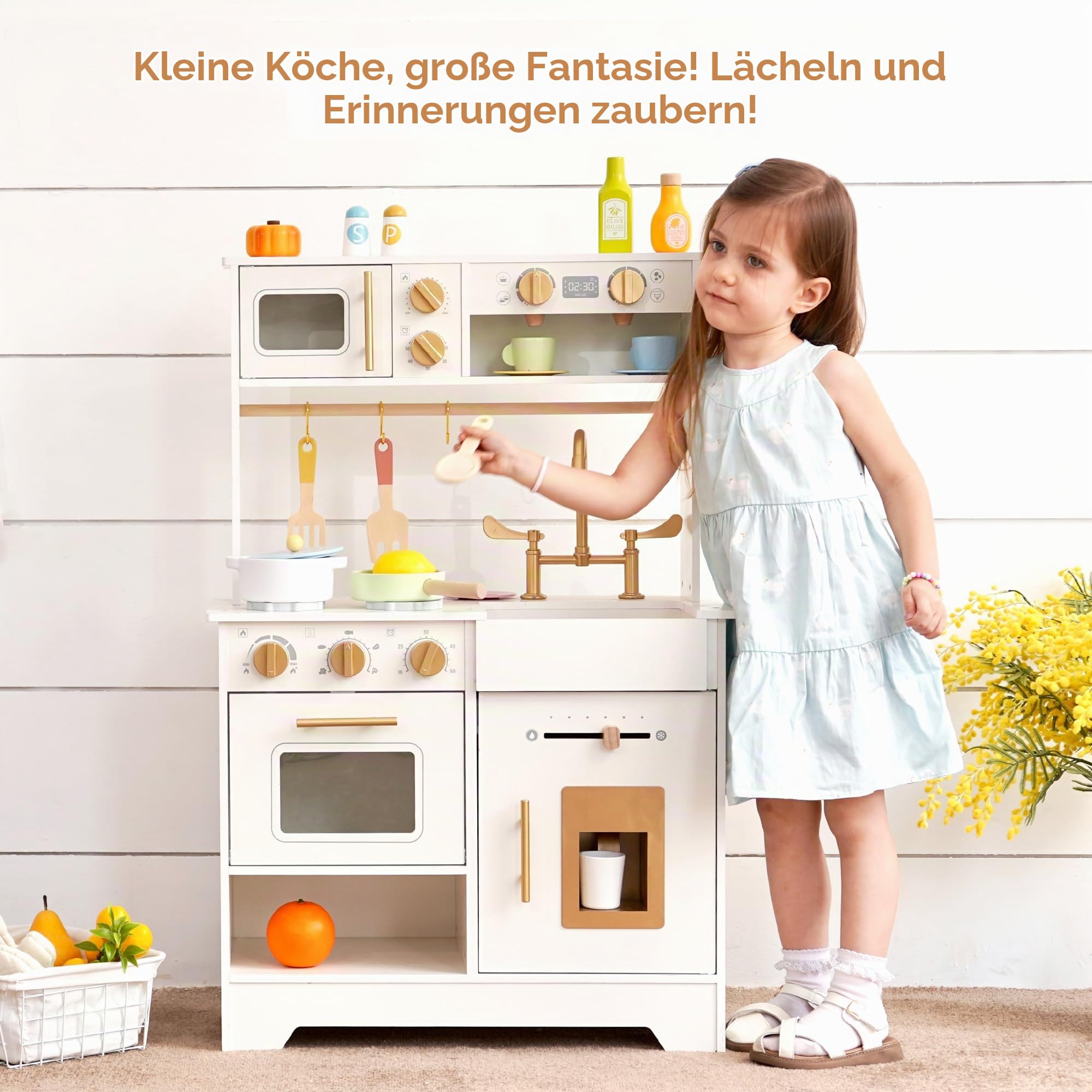 Holz Spielküche Kinder mit Eiswürfelspender,Wasserhahn Kinderküche Zubehör