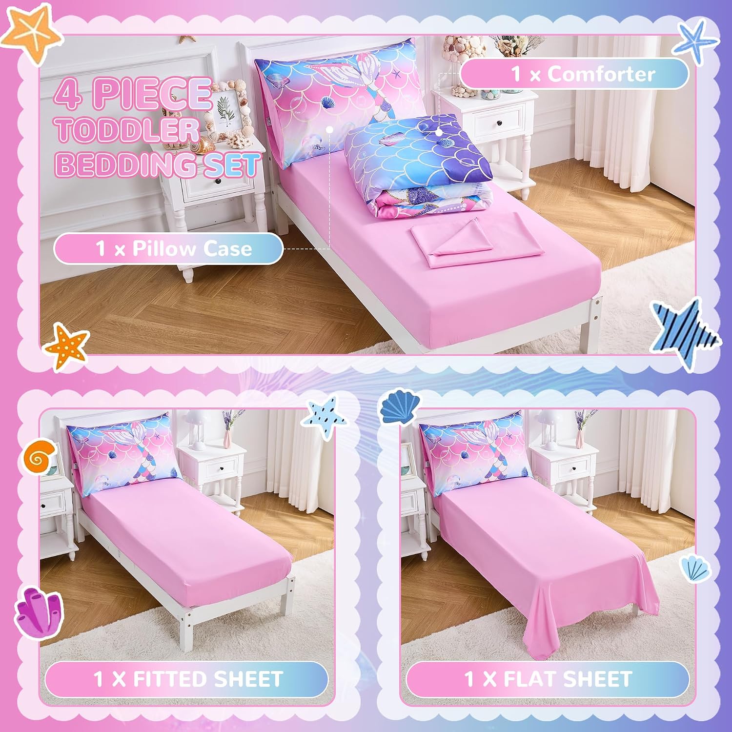 VIVILINEN Mermaid Tail Toddler Bedding Set for Girls, 4 Piece Glitter Toddler Bed Sheets with Boho Toddler Comforter, Fitted Sheet, Flat Sheet and Pillowcase, Pink Blue