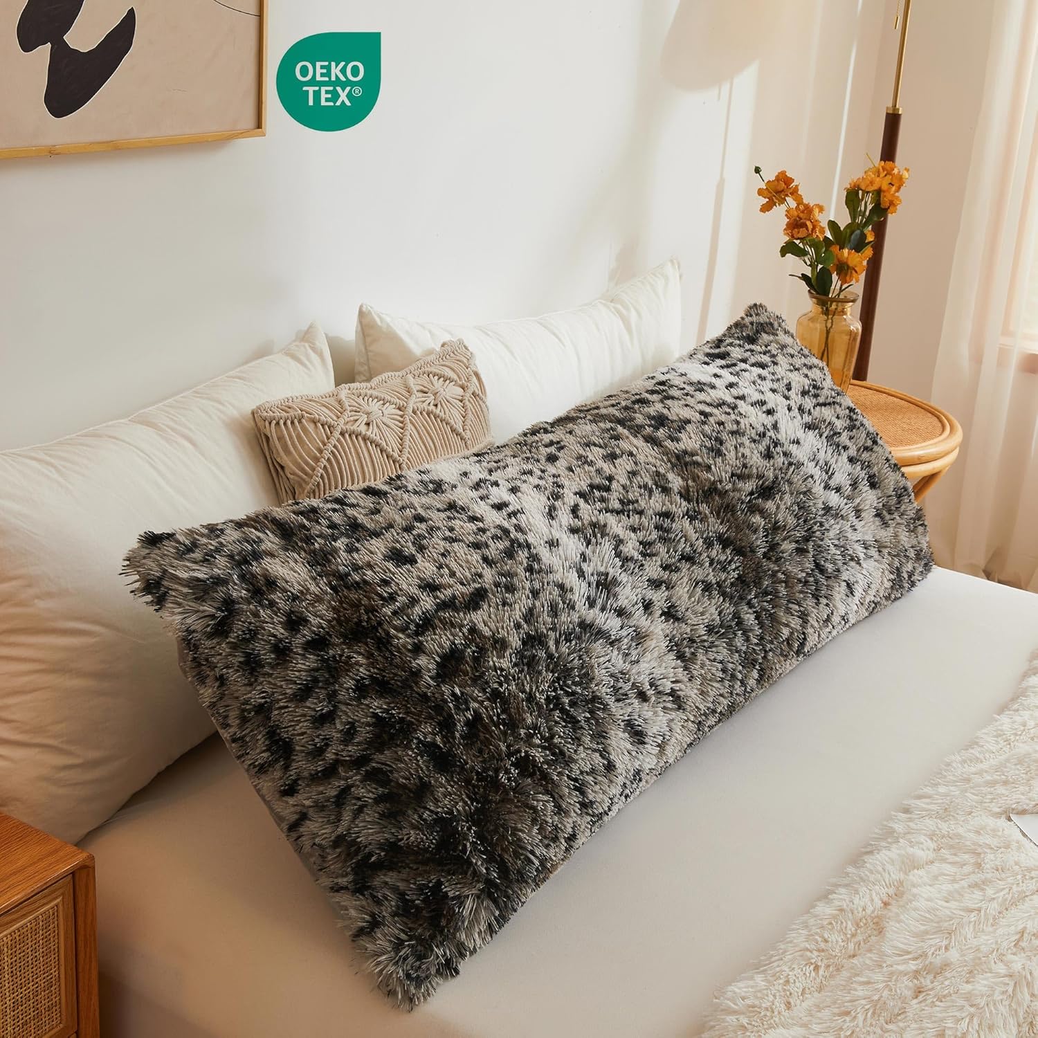 LIFEREVO Cheetah Print Fluffy Faux Fur Body Pillow Cover 20"x54" with Zipper, Soft Shaggy Plush Long Pillow Sham Fuzzy Bed Pillowcase,Decorative Body Pillow Case for Bedroom(Leopard Print Grey) - Image 3