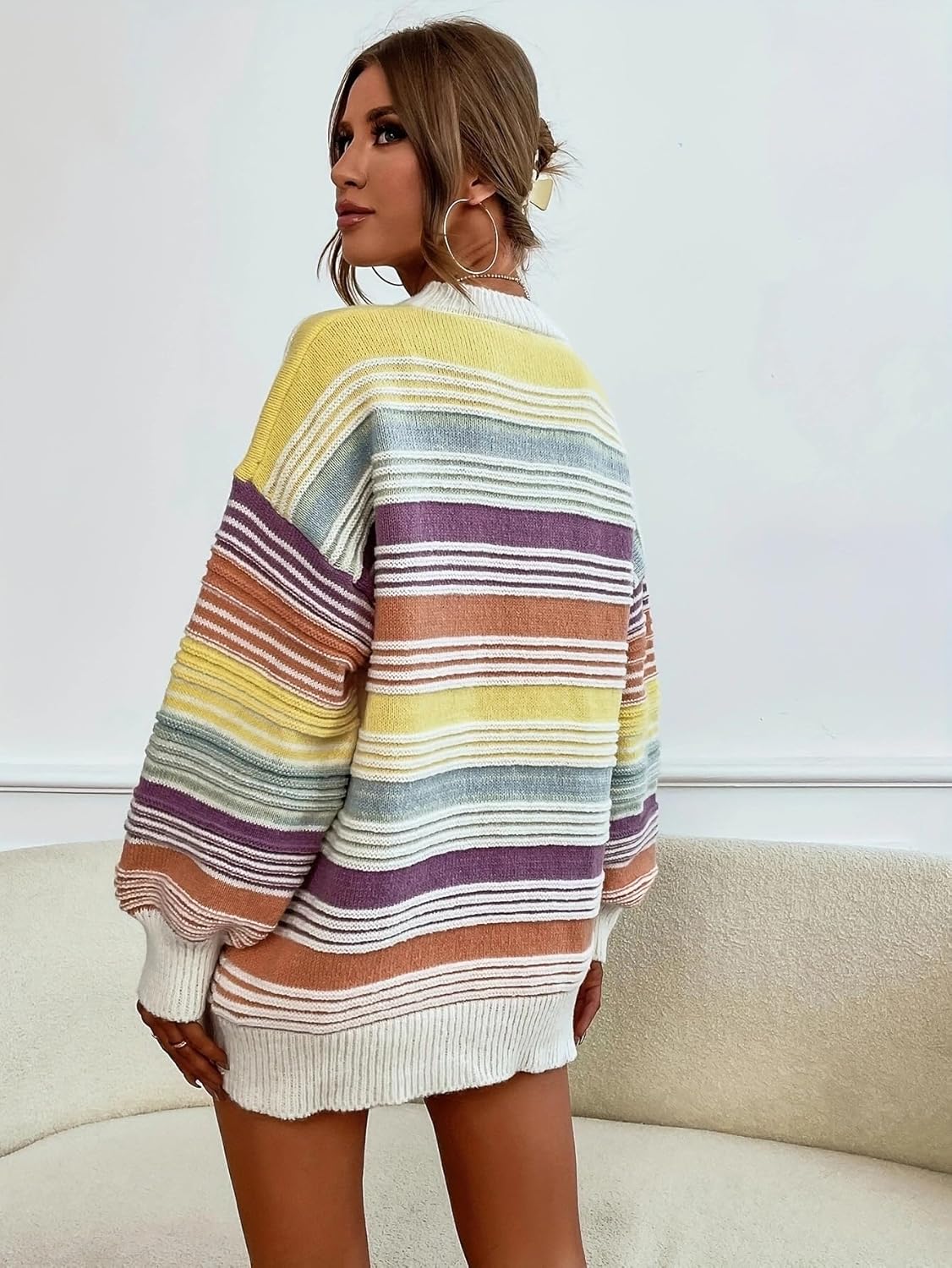 Striped Sweater Women Oversized Color Block Long Lantern Sleeve Knit Tunic Sweaters Casual Crew Neck Pullover Tops - Image 6