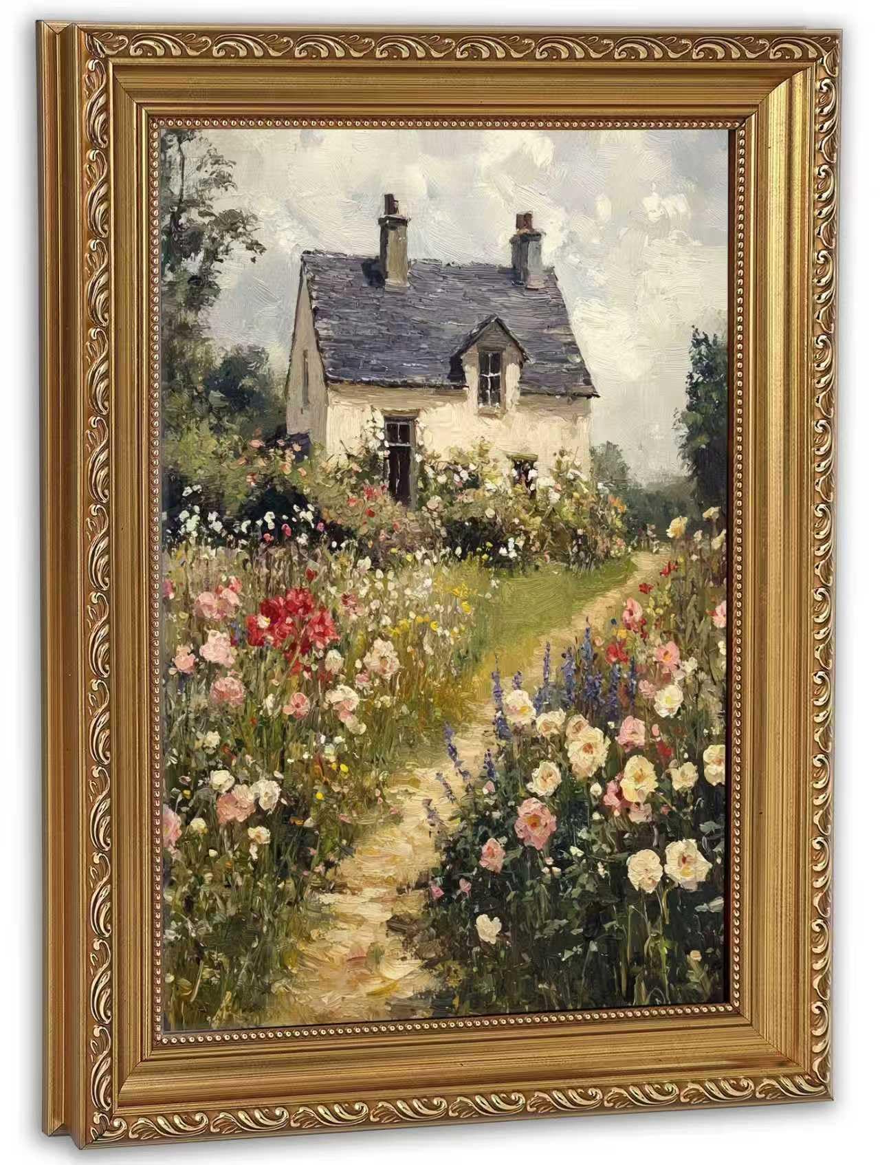 Vintage Gold Framed Cottage Wall Art, French Country Flower Field Framed Canvas Print, Farmhouse Living Room Bedroom Decor 12×16inch