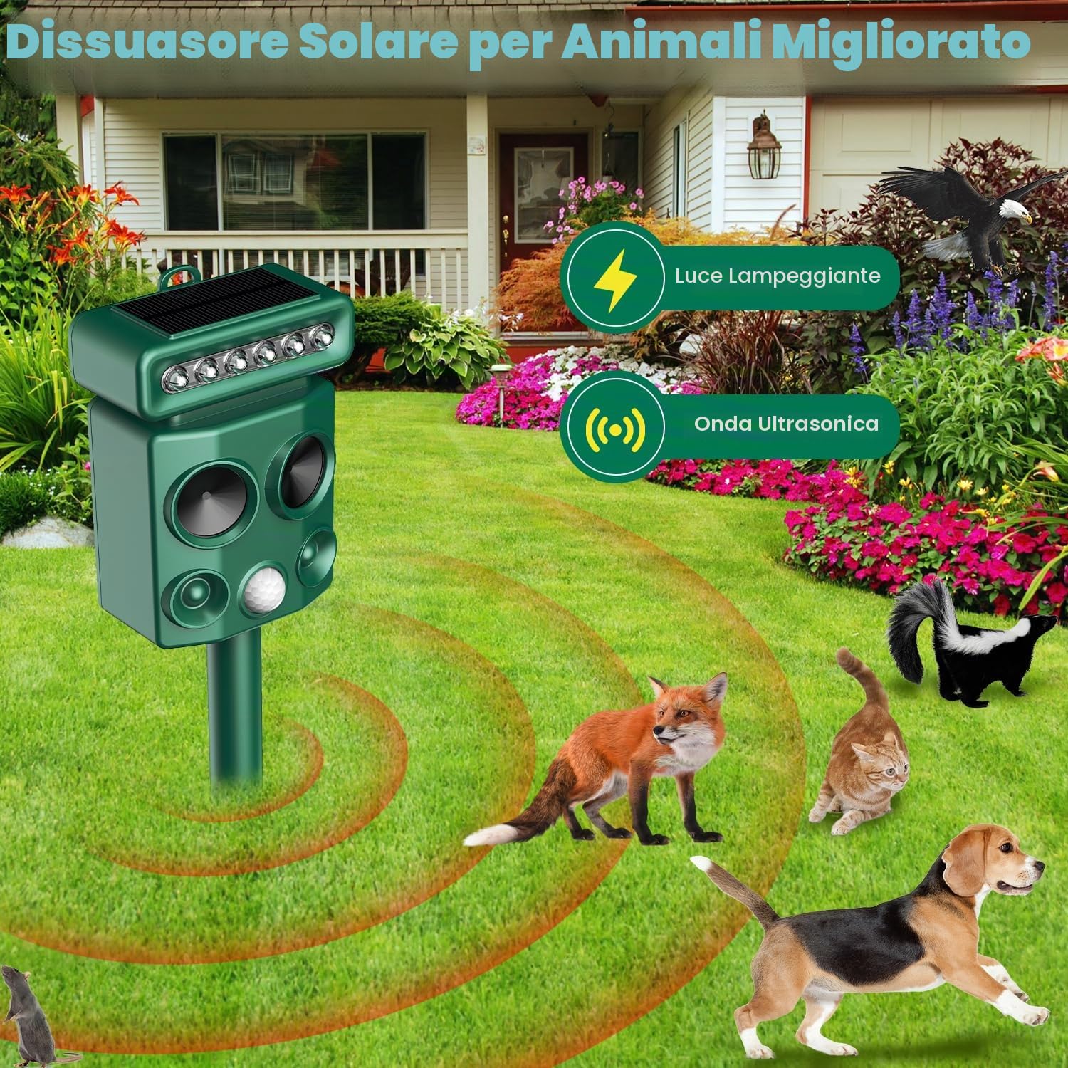 Repellente per talpe a ultrasuoni per topi, repellente per animali domestici con luce a LED, protezione solare per gatti, repellente per piccioni, spaventa cani, spaventapore da giardino