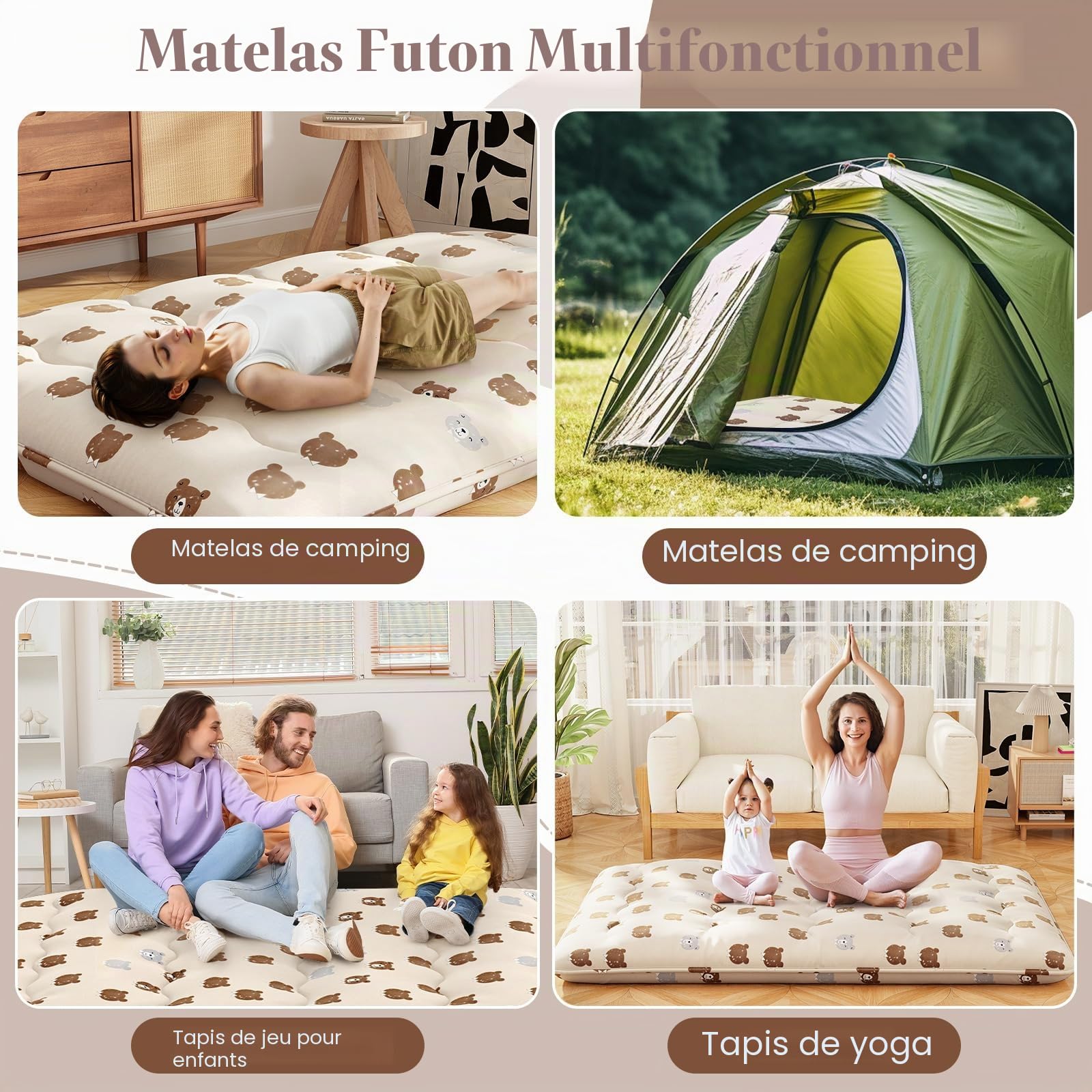FANTASK Matelas futon Japonais, 140 x 200 cm, en Tatami, de Sol, Pliable, avec Housse Lavable, Ours Marron