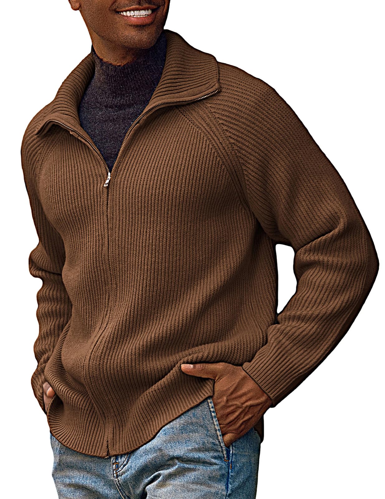 PJ PAUL JONES Men's Full Zip Cardigan Sweaters Unisex Relax Fit Lapel Collar Raglan Sleeve Casual Ribbed Sweater