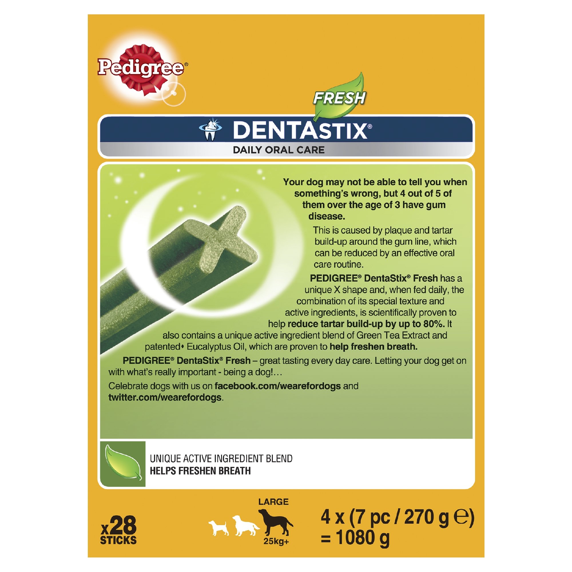 Pedigree Dentastix Fresh, masticabili dentali giornalieri per cani grandi da 25 kg o più, 28 barre