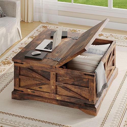oneinmil Farmhouse Coffee Table with Storage Organizer, Square Coffee Tables with Large Storage Space, Center Table for Living Room, Bedroom, Home Office, Rustic Brown