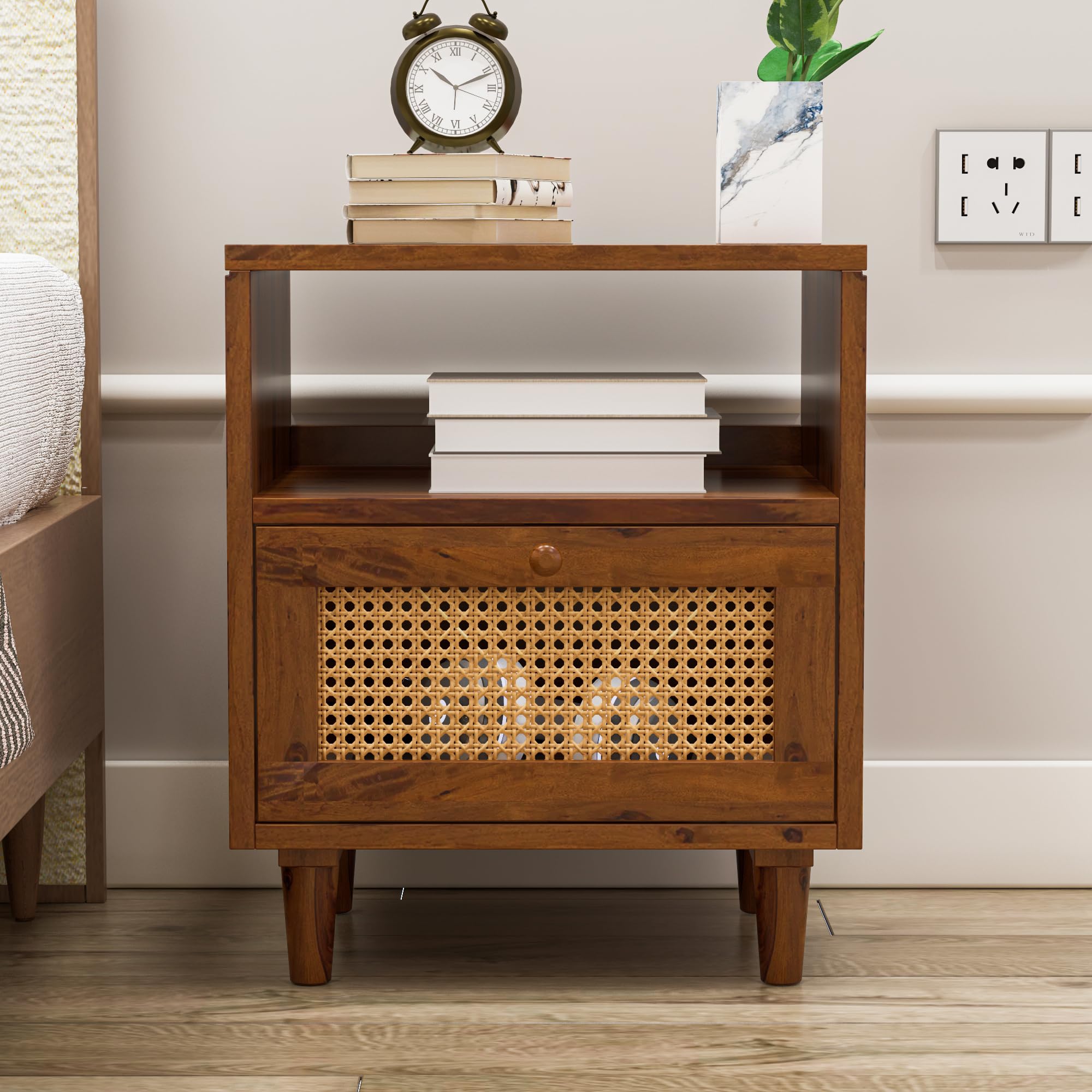 Tvaste Mamta Solid Sheesham Wood Bedside Table Nightstand for Bedroom & Living Room with Rattan Cane Shutter & Open Shelf, Multipurpose End Table & Side Table (Honey Finish)-image-17