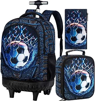 3Pcs Rolling Backpack for Boys Men, Kids Roller Bookbag with Wheels, Soccer Wheeled Backpacks Set for Elementary ToddlerFootball