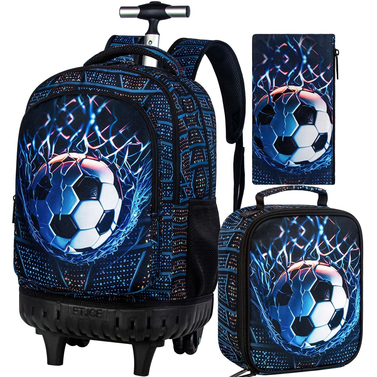 TXHVO 3Pcs Rolling Backpack for Boys Men, Kids Roller Bookbag with Wheels, Soccer Wheeled Backpacks Set for Elementary Toddler(Football)