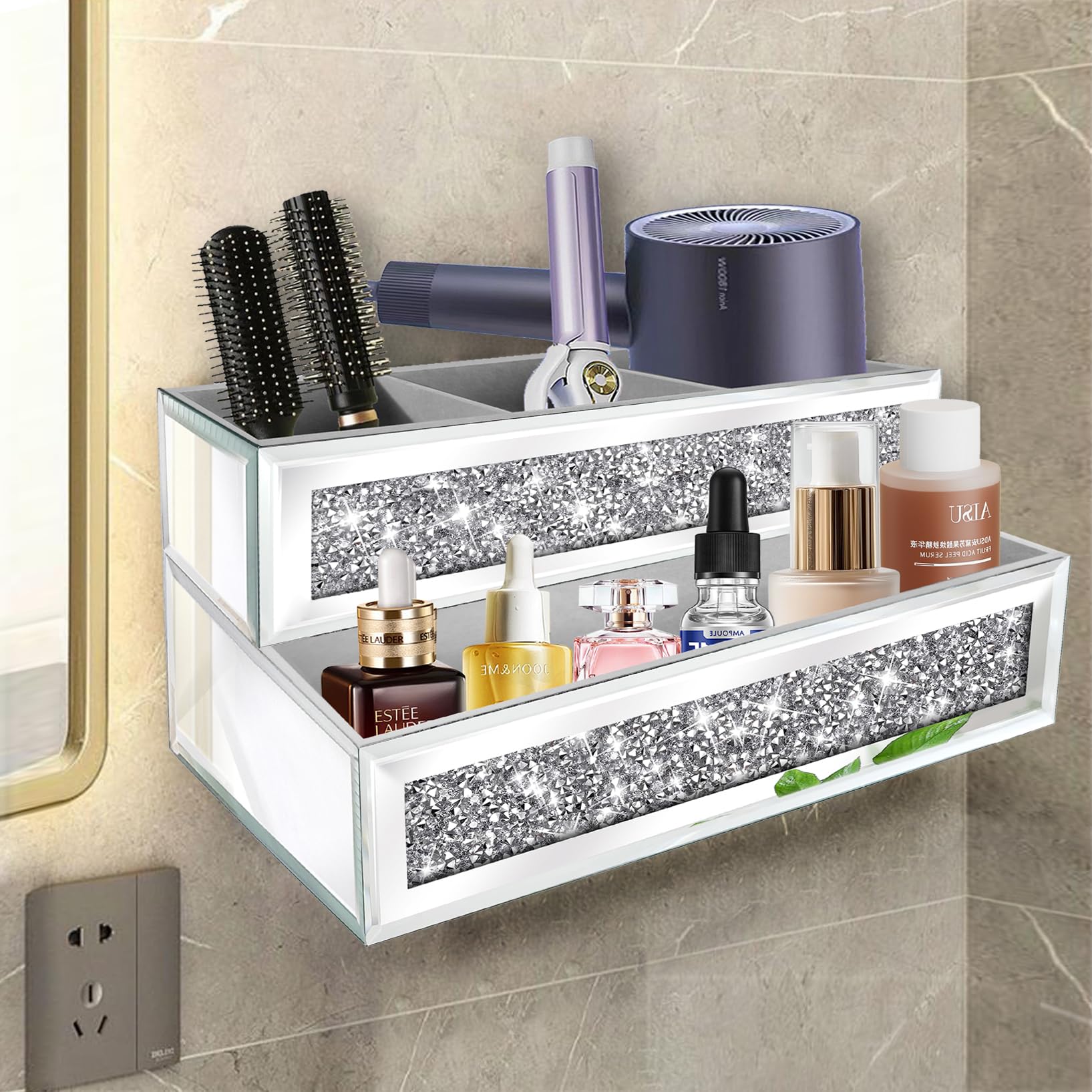 Spiegel-Haartrockner-Halter, Kristall-Diamant-Haar-Werkzeug-Organizer, Wandhalterung, silberfarbenes Badezimmerschrank-Tablett für Föhne, Haartrockner, Glätteisen, Make-up, Pinsel. (26,7 x