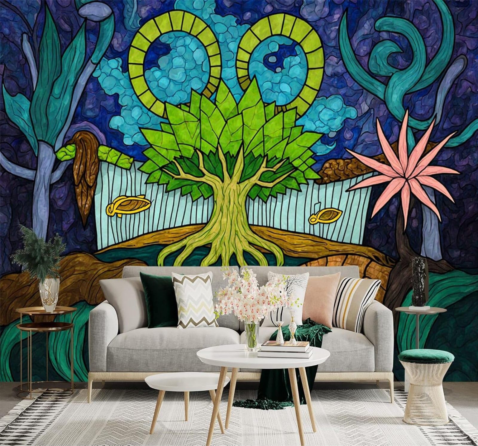 Xlming 430Cm×300Cm(B×H) Abstract Fantastical Trees Colourful Leaves Natural And Dreamlike Landscapes 3D Wallpaper Silky Texture Home Study Office Grey Dining Room Sofa Bedroom Living Room Tv Backdrop-430Cm×300Cm