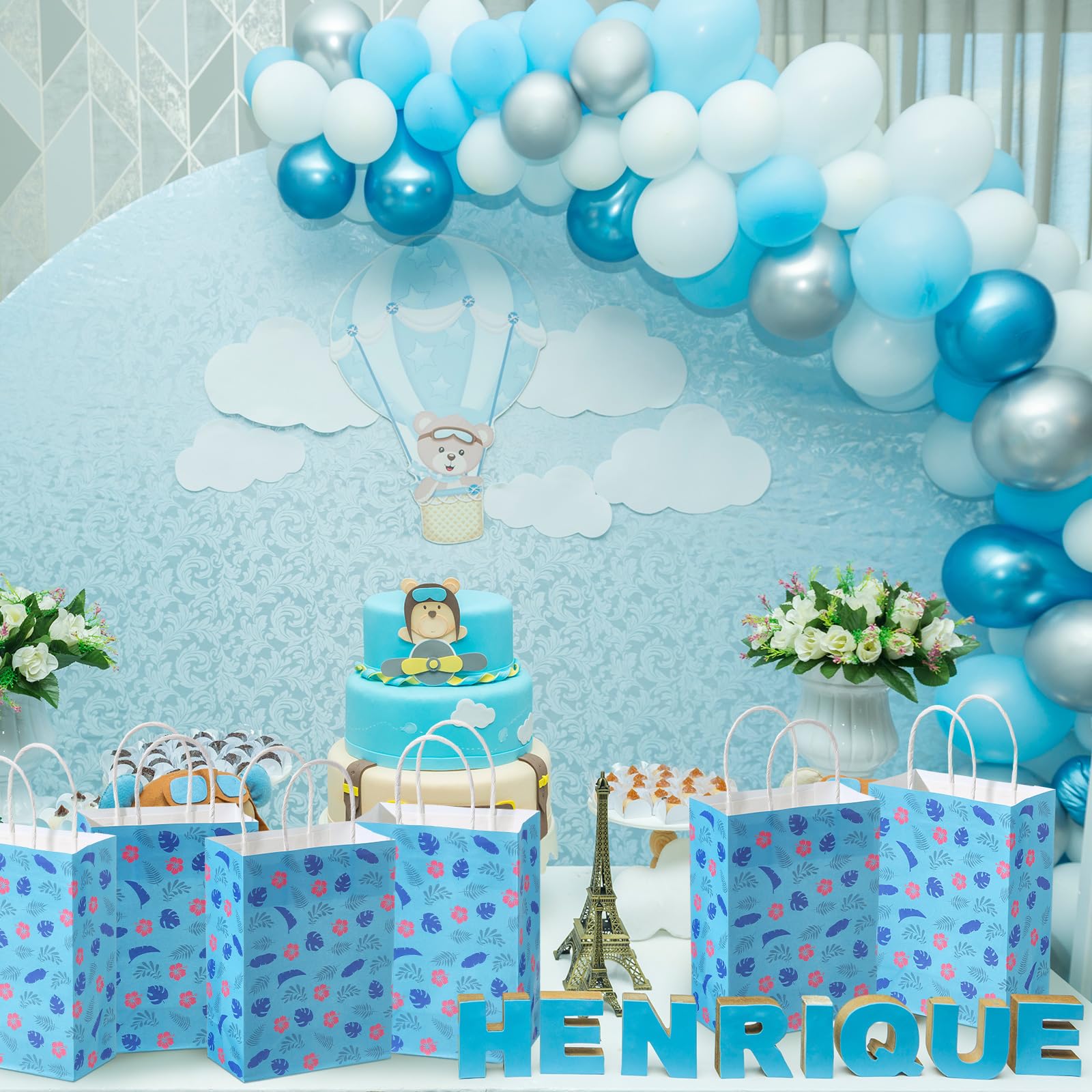 Gilprop 24 Pcs Cute Hawaiian Blue Pink Party Favor Gift Paper Bags with Handle Cartoon Animation Paper Goodie Bags for Birthday Party Supplies Decorations