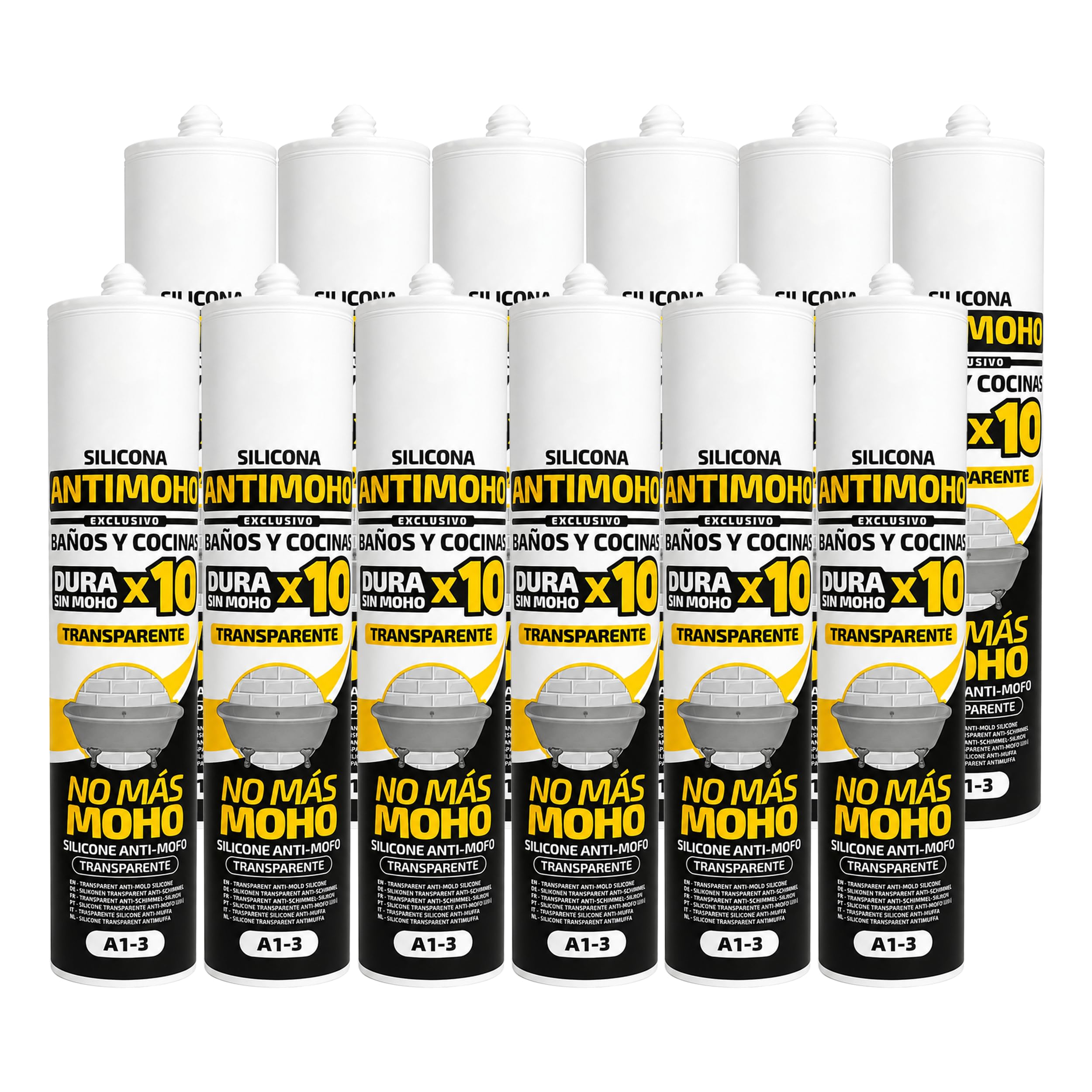 Silicona antimoho transparente 280 ml para baños y cocinas, pack de 12