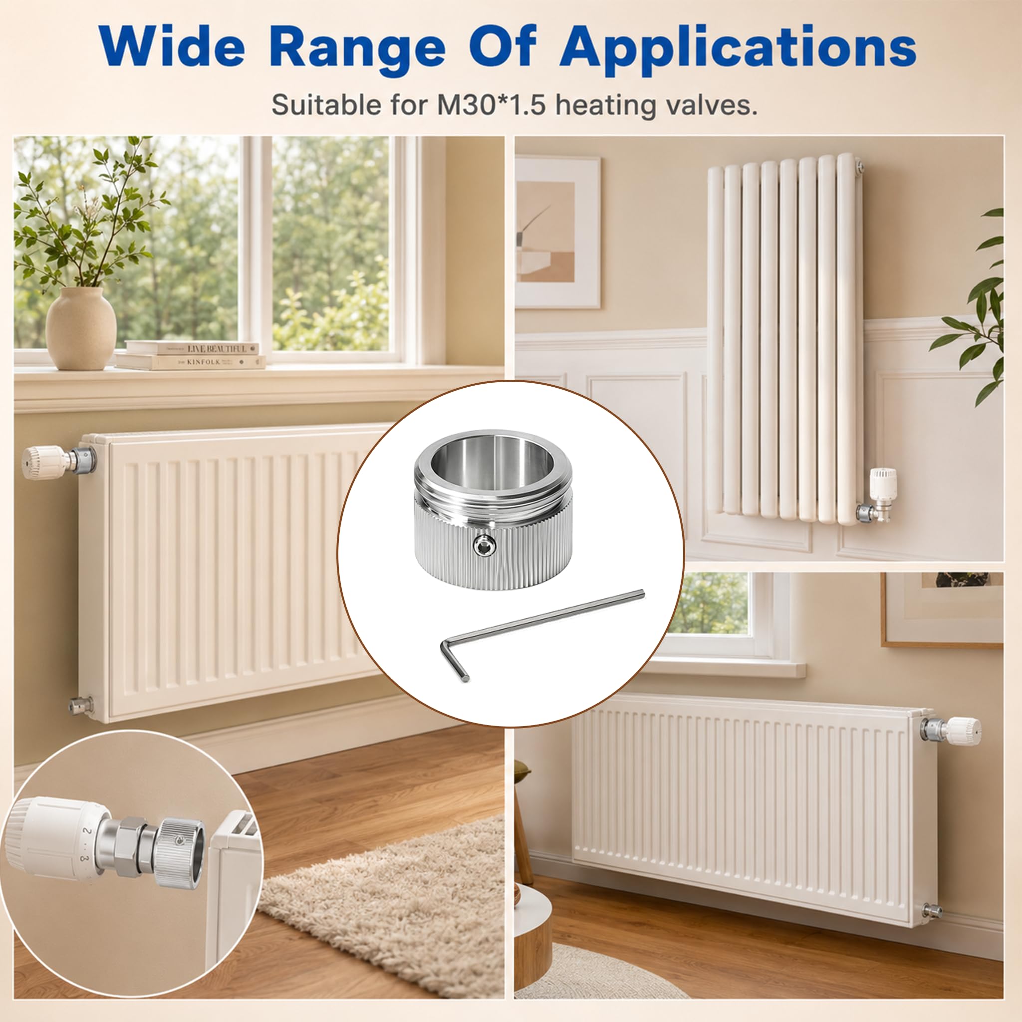 4 Stück Adapter Thermostatventil Heizkörper, Konverter Heizkörperventil, Edelstahl, Kopfteil, Umwandlungsset Heizungsventil M30 x 1,5, Edelstahl 304, einfache Installation mit Schlüssel