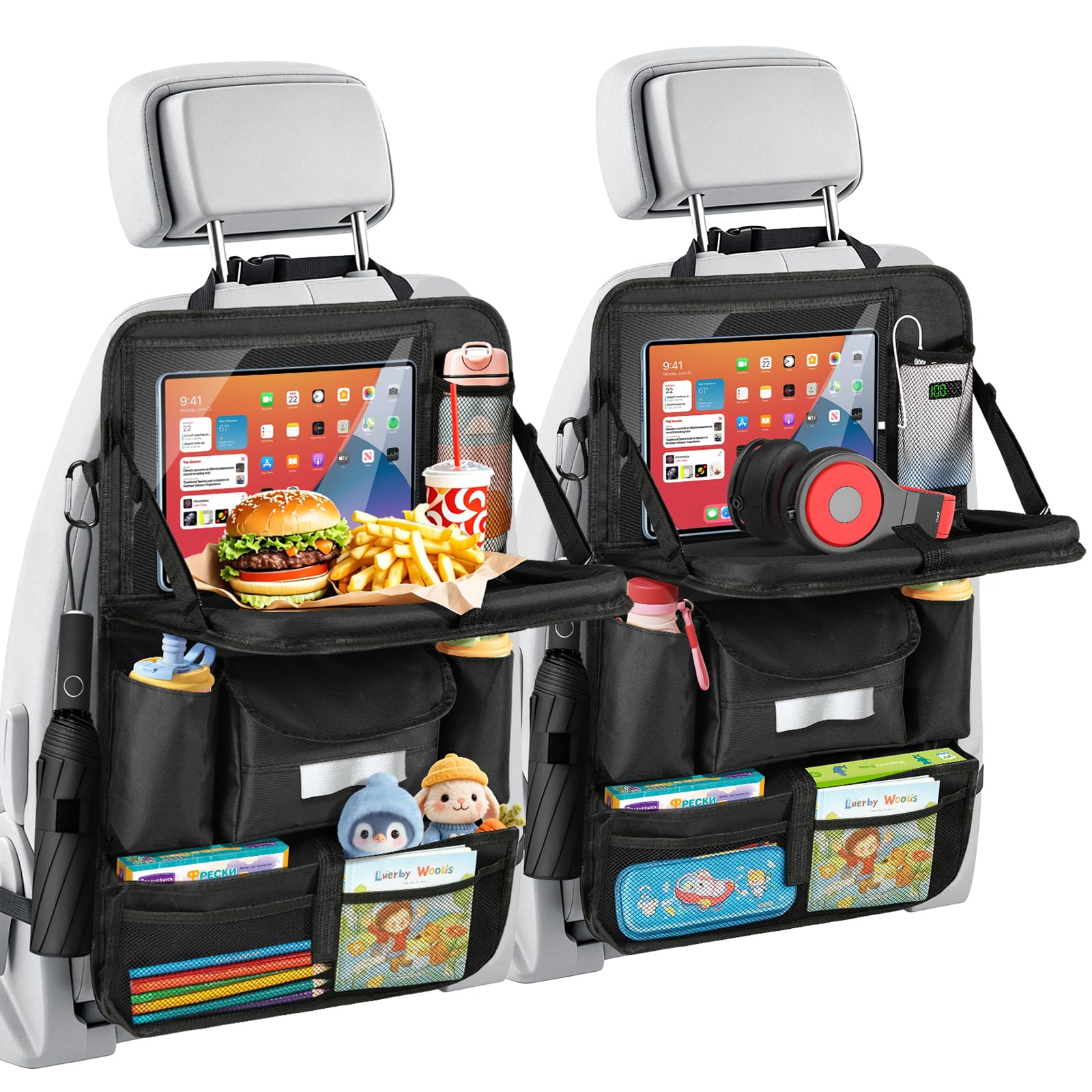 Moko Black-2 Pack Car Organizer Back Seat, 8 Pockets Foldable Tray 600D Black, 2 Pack