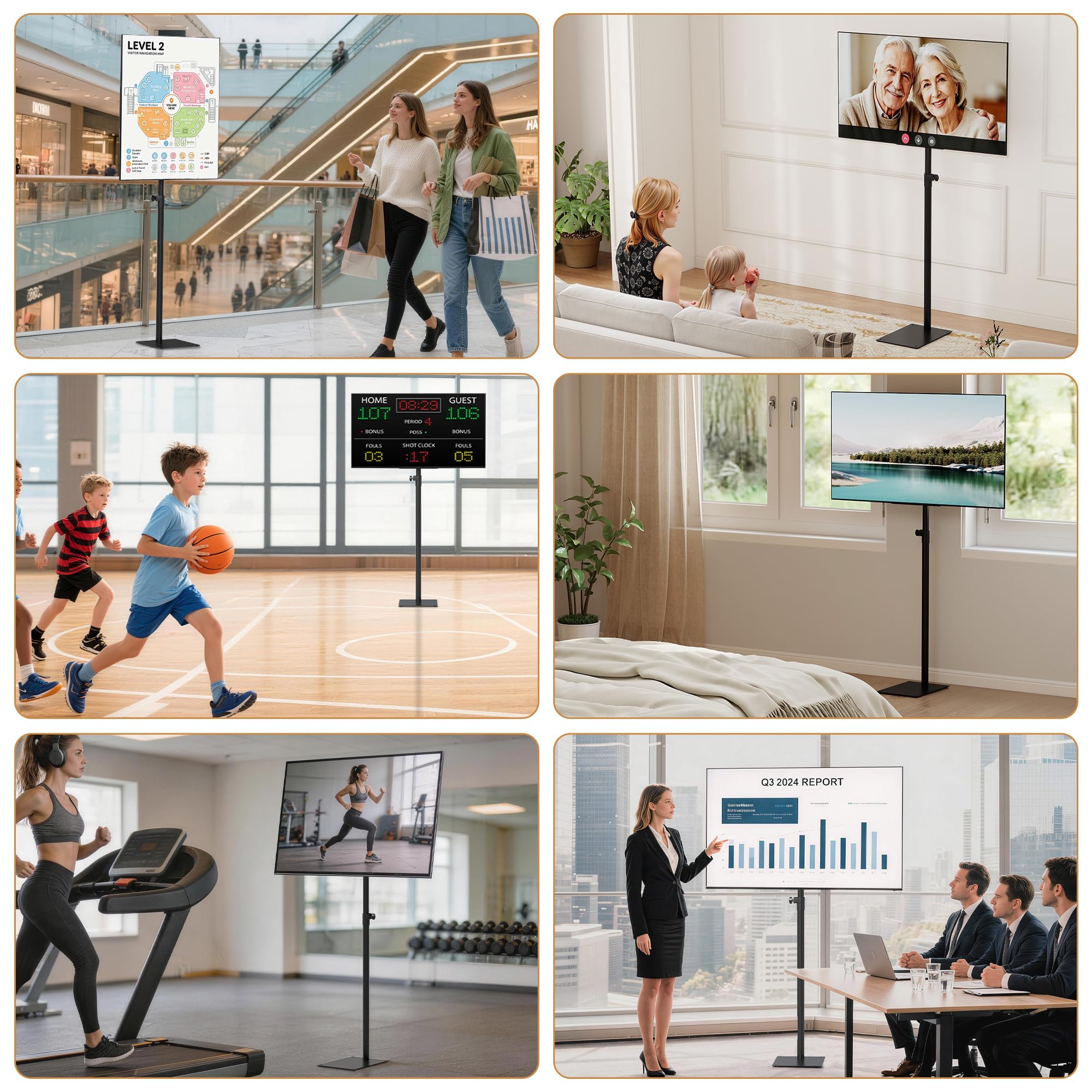 Baoz Supporto universale girevole per TV da pavimento con supporto a 360 gradi per TV da 14 a 43 pollici, inclinabile, autoportante, supporto VESA con 4 livelli di altezza regolabile per camera da