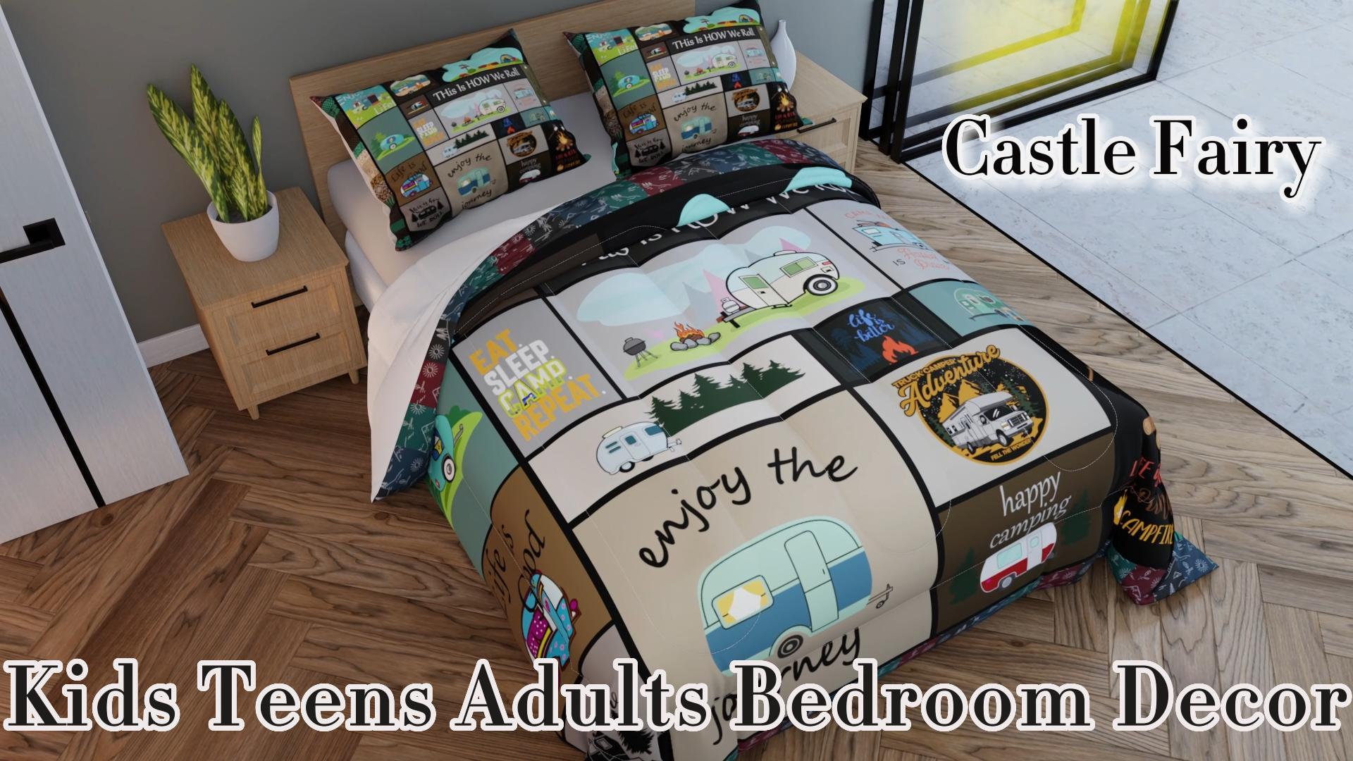 Happy Camping Cartoon Comforter Set - Twin Size Bedding For Kids' Room, Camping Theme Decor