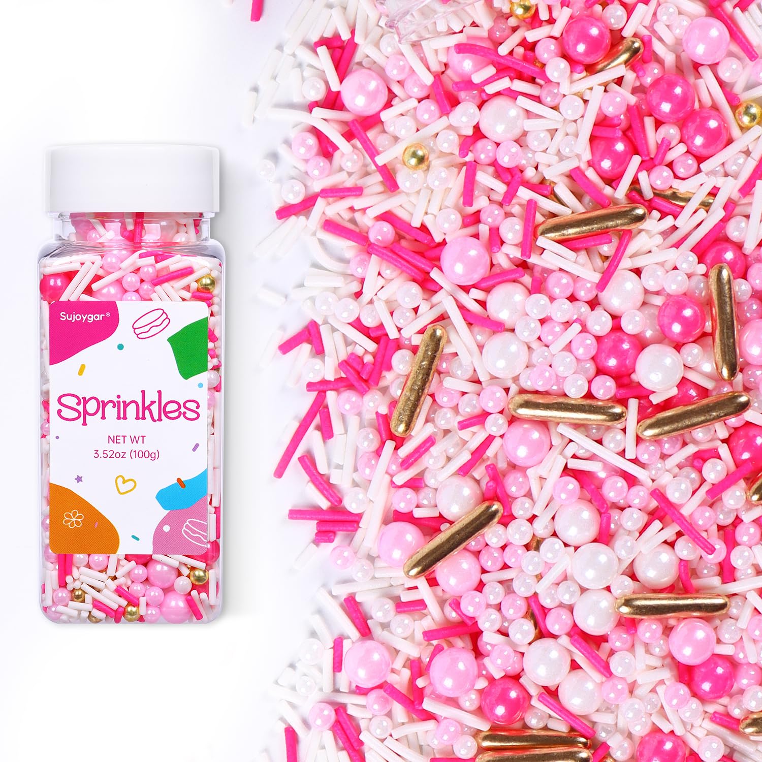Pink Sprinkles for Cake Decorating, 3.52oz Pearl Sprinkles for Ice Cream Cupcakes Toppings Baking Cookies, Pink Gold Sprinkle for Valentines Weddings