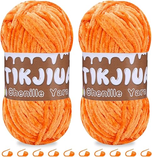 Tikjiua Hilo de felpilla grueso color naranja, de 7 onzas, hilo de felpilla de ganchillo con marcadores de costura, hilo de felpilla grueso para