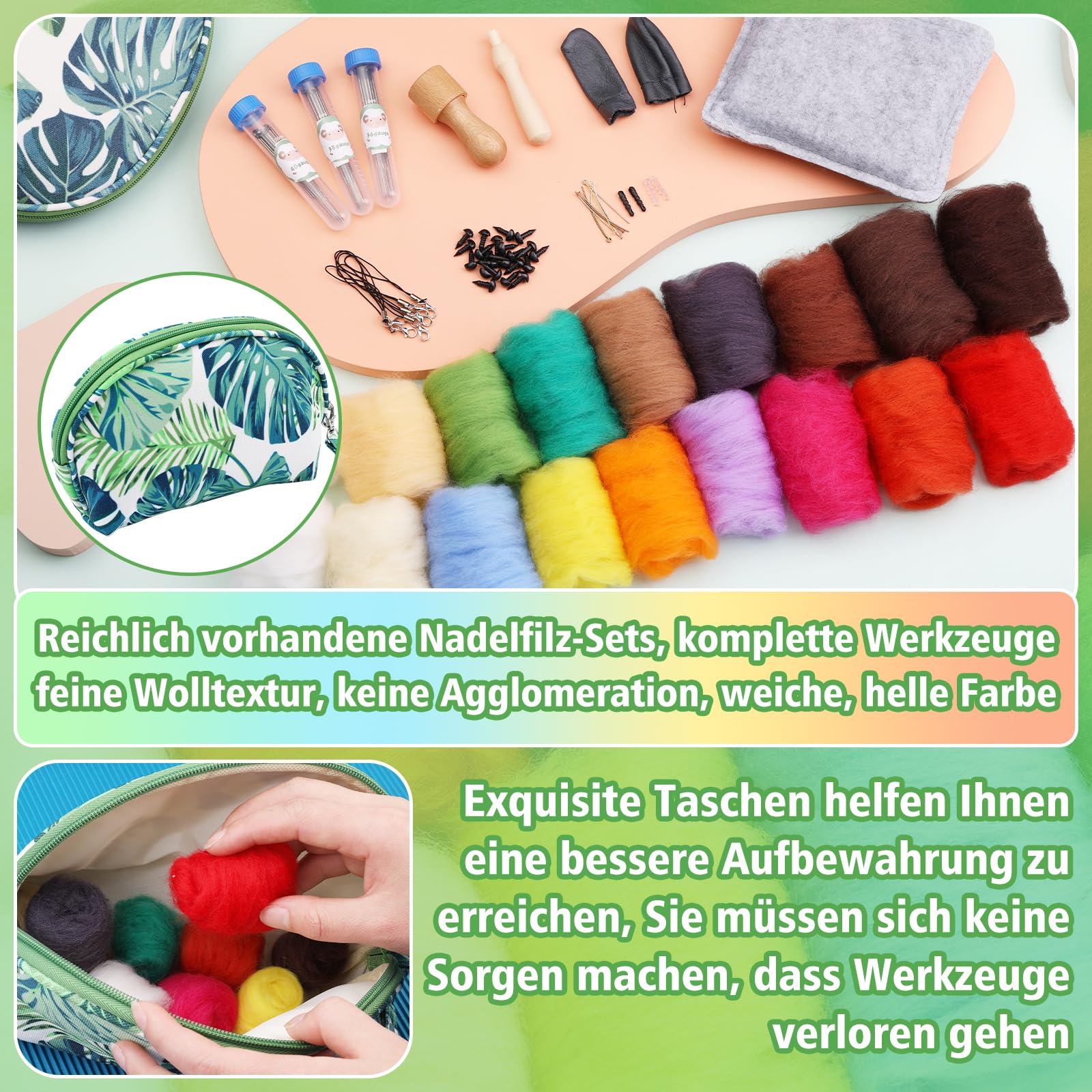 KAMAIKA Nadelfilz Set, 18 Farben Filzwolle Nadelfilzen Starter Kit Mit Filznadeln Zum Trockenfilzen Filz Wolle Roving Filzwerkzeugen Für Anfänger Filzwolle Nassfilzen DIY Handwerk