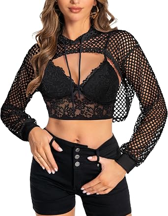 Women Mesh Crop Top Hoodie Fishnet See Through Long Sleeve Shirt Sheer Blouse for Club Party