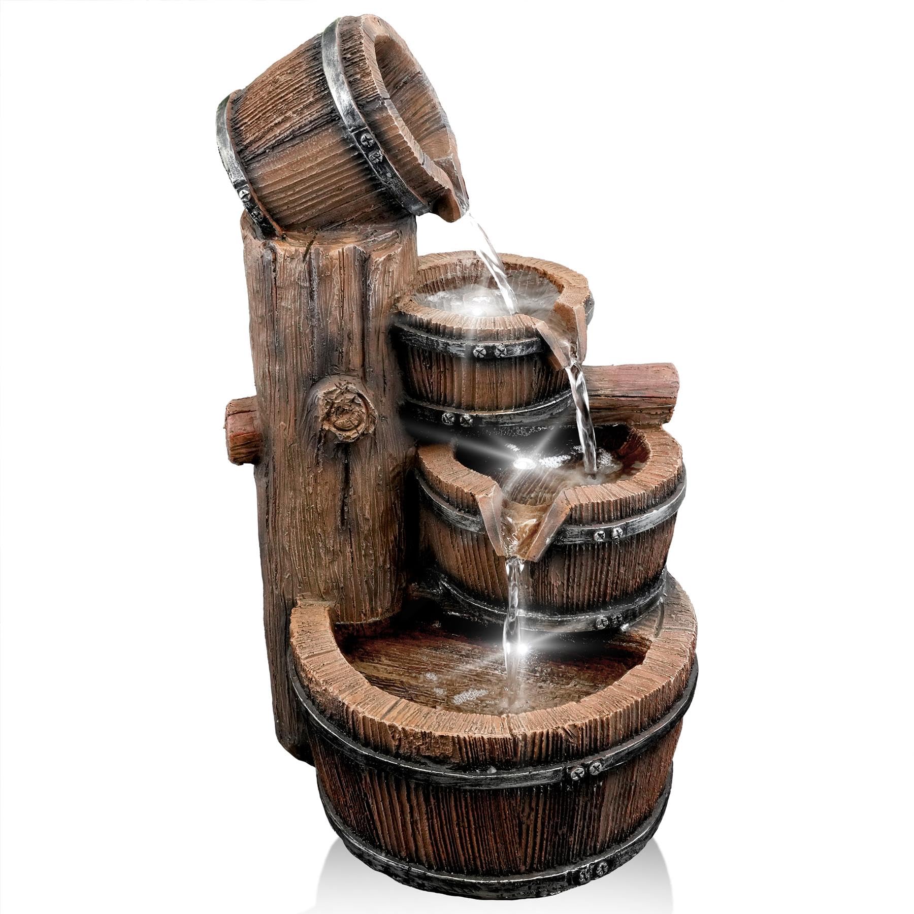 GEEZY Garden Water Feature – Barrel Fountain with LED Lights – Mains Powered, Self-Contained, Indoor & Outdoor – Easy Setup, Cascading & Tranquil – Great for Garden, Home, Patio & Balcony Decor
