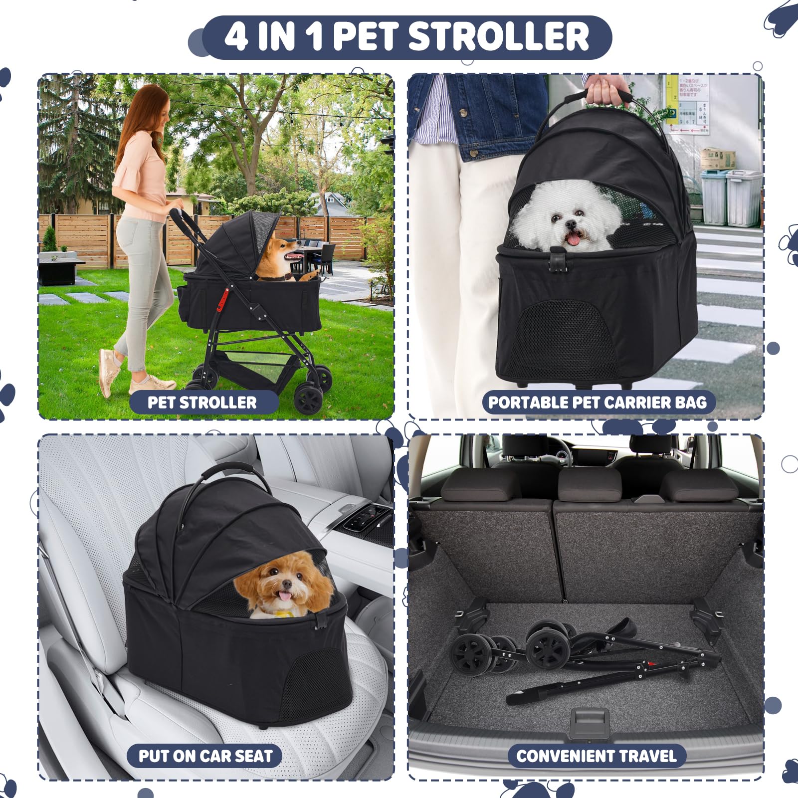 Hundewagen 3 in 1, Haustiere Buggy für mittelgroße Hunde, Faltbarer Hundebuggy bis 20kg, Haustiere Transportbox, Hundewagen mit abnehmbarem Carrier Autositz und Nahrungsmittelfach (schwarz)