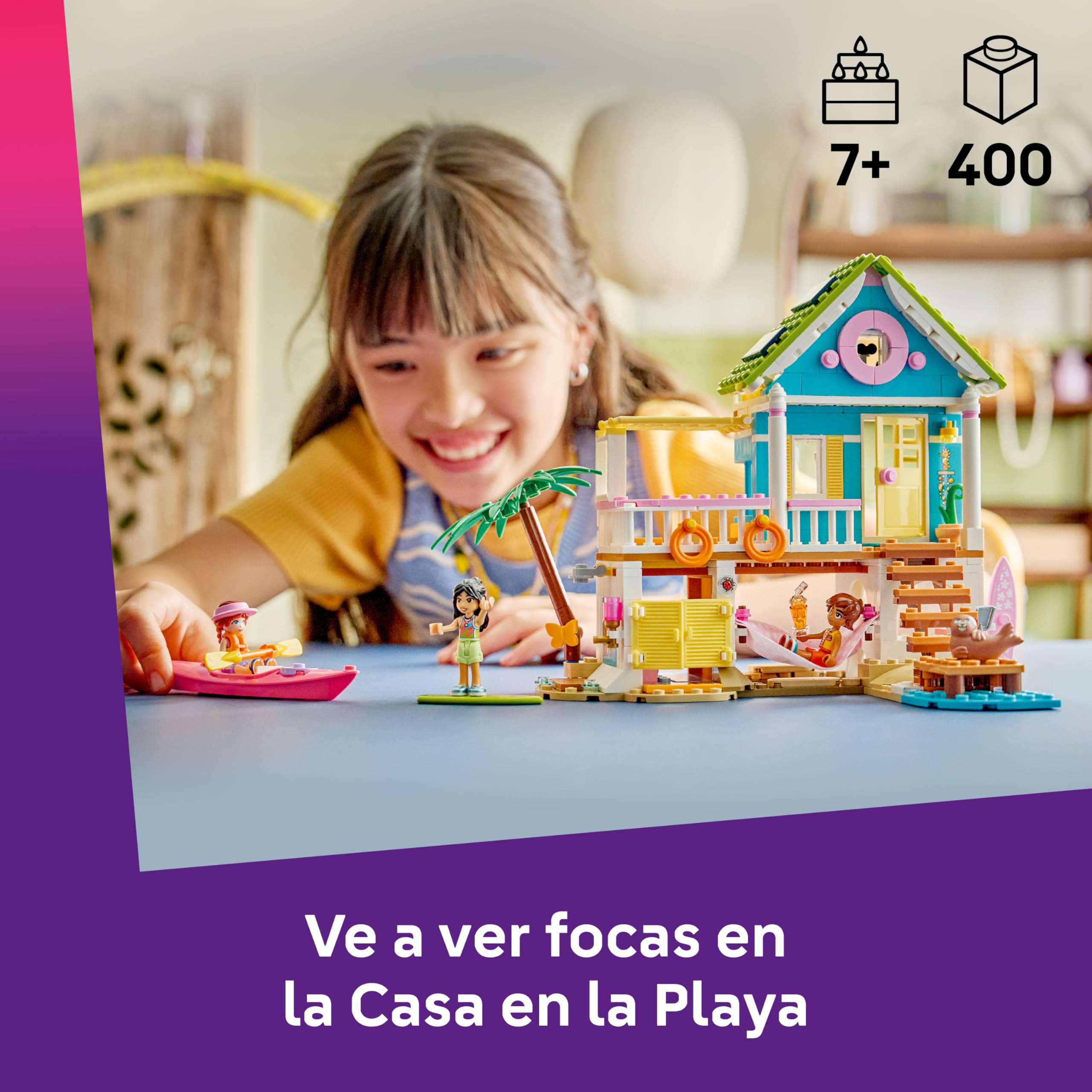 LEGO Friends Casa en la Playa con Focas - Casa de Juguete con 3 Mini Muñecos, 2 Figuras de Animales Marinos y Accesorios inc. Kayak y Tabla de Surf - Regalo de Cumpleaños para Niñas de 7+ Años - 42699