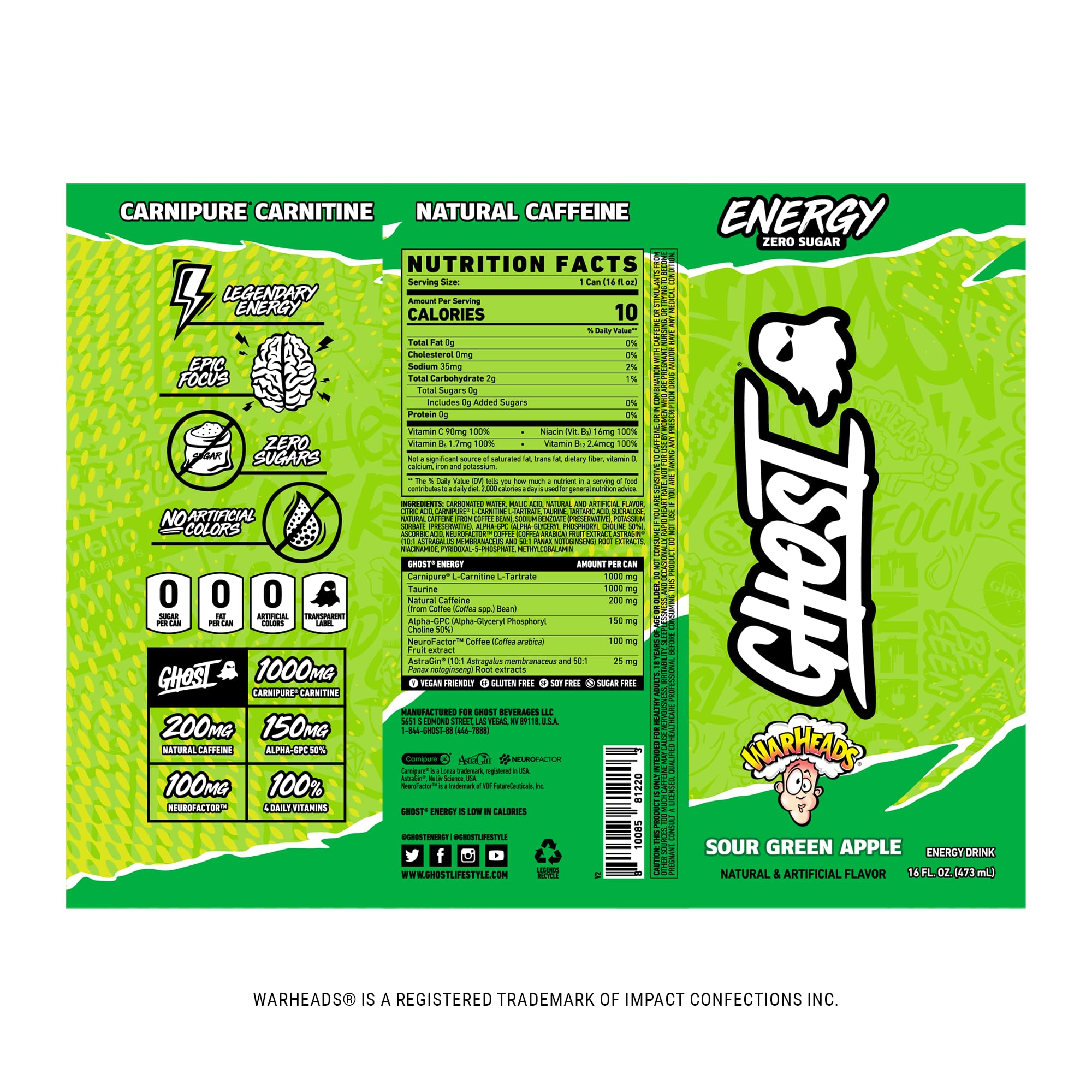 GHOST Energy Drink - Single Can, Warheads Sour Green Apple 16oz - Energy & Focus & No Artificial Colors - 200mg Natural Caffeine, L-Carnitine & Taurine - Gluten-Free & Vegan