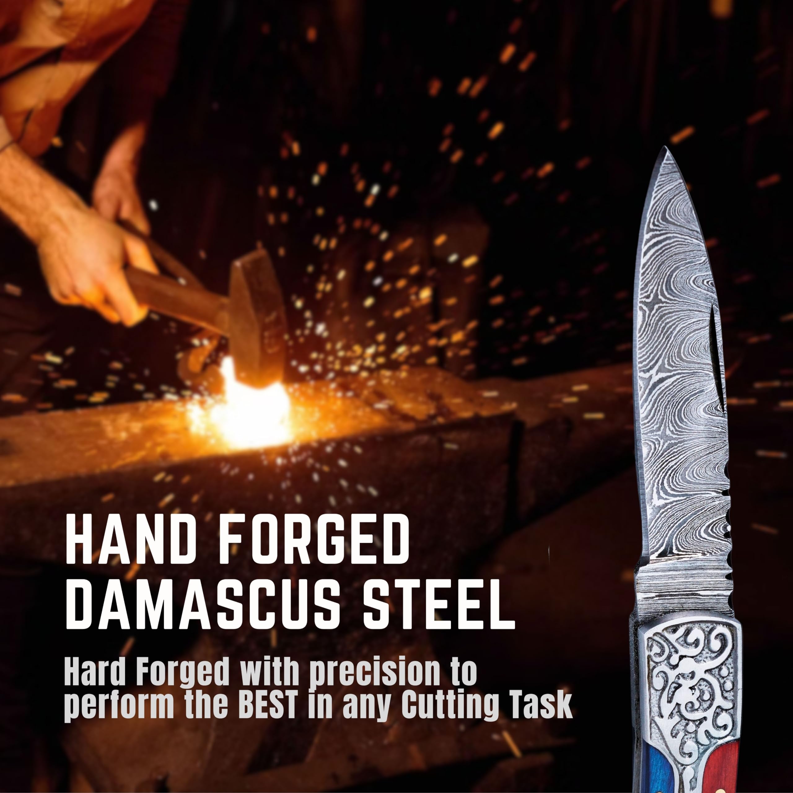 DKS Traders Premium Damascus Pocket Knife for men - Engraved Steel Damascus Folding Knife With Sheath - Gift for Hunting & Camping - EDC Knife for Outdoor Collection (Red & Blue)