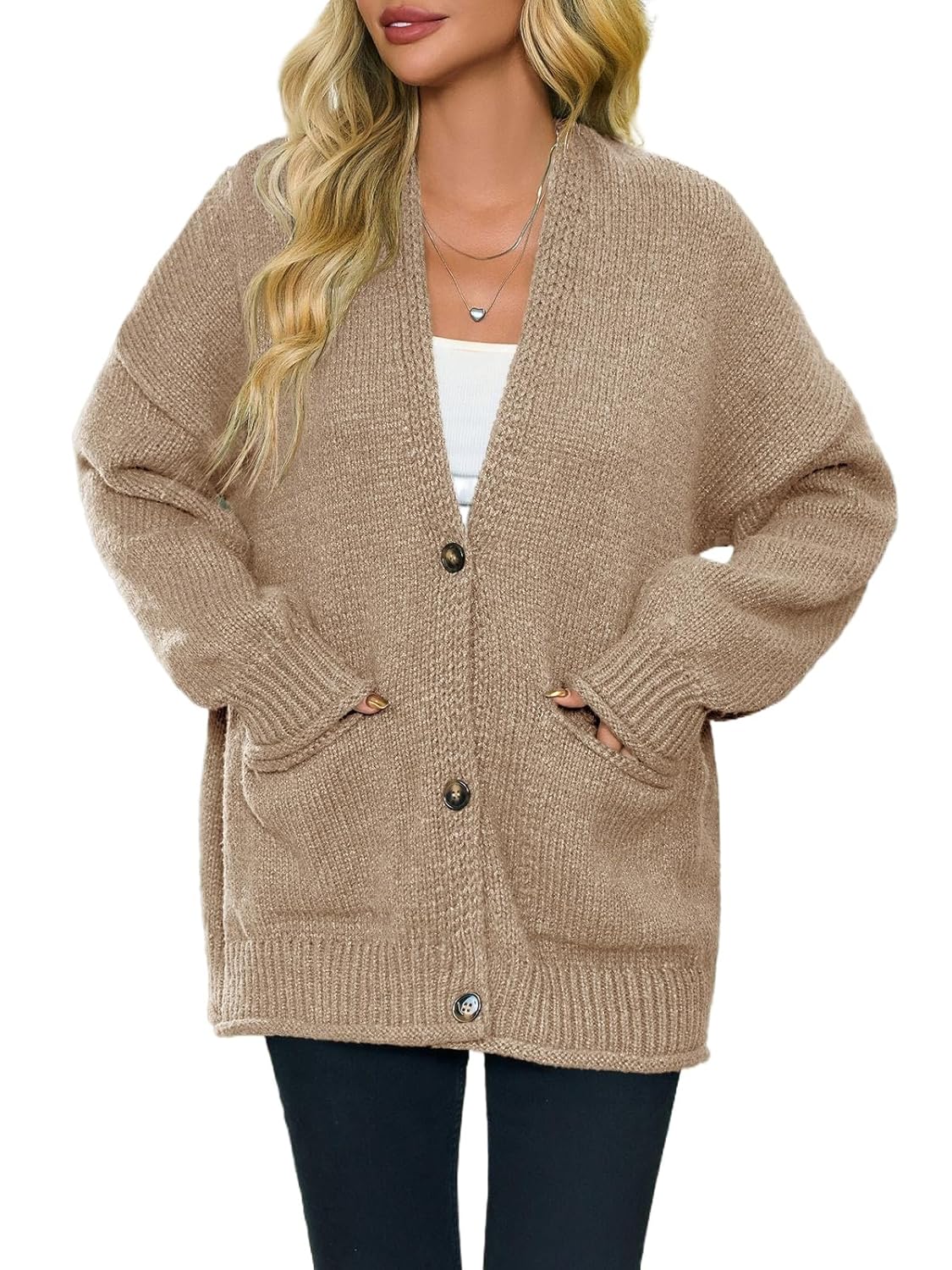 Saodimallsu Womens Chunky V Neck Cardigan Sweater Puff Sleeve Knit Cardigans Button Down Outwear with Pockets 2025