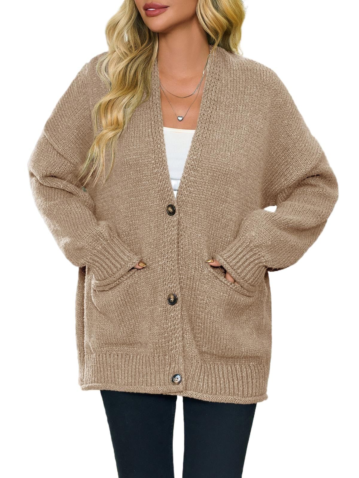 Saodimallsu Womens Chunky V Neck Cardigan Sweater Puff Sleeve Knit Cardigans Button Down Outwear with Pockets 2025