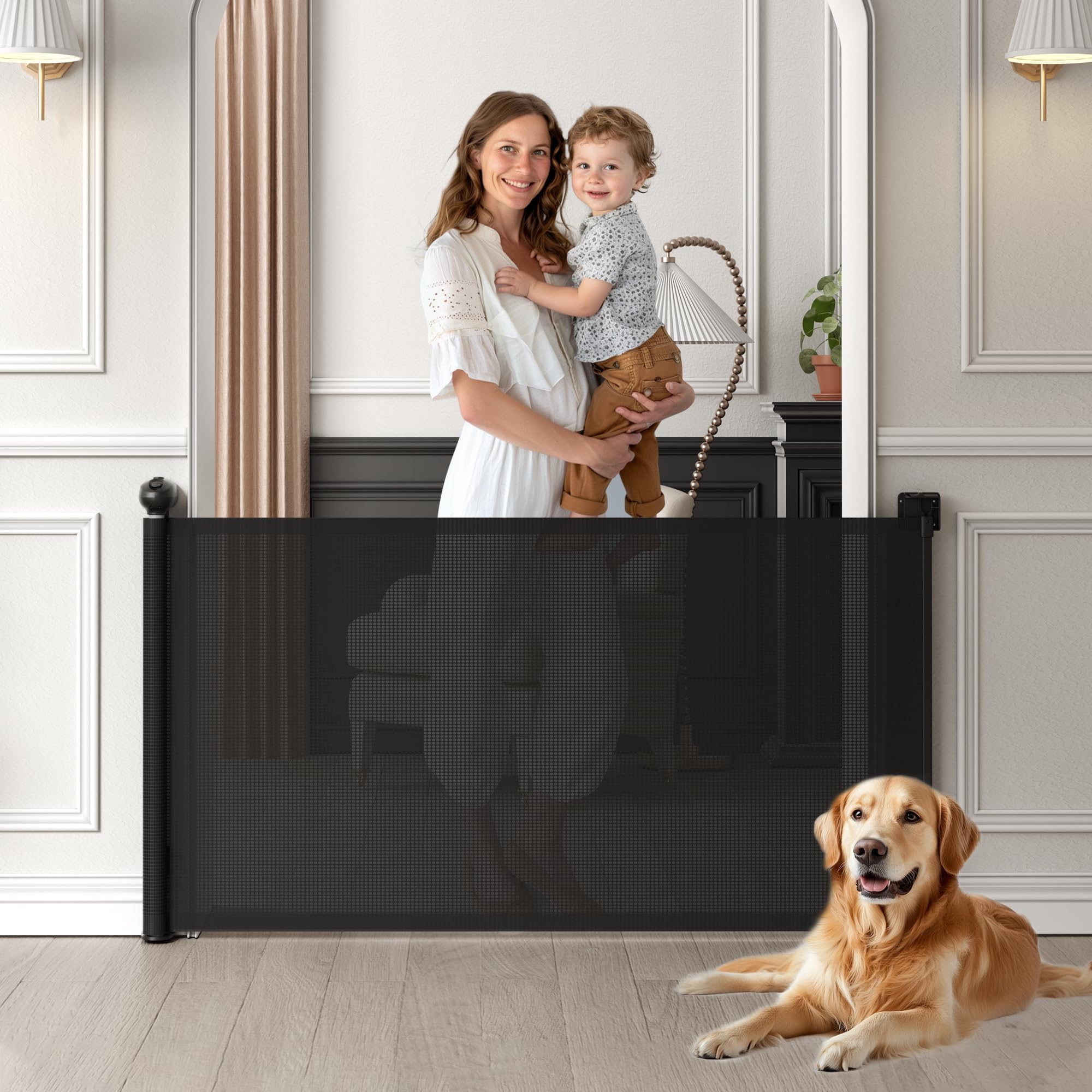 Aomloge Retractable Baby Gate, Baby Gate for Stairs Auto-Lock, Dog Gates for Doorways Safety, Extends to 34.5x55in, Black