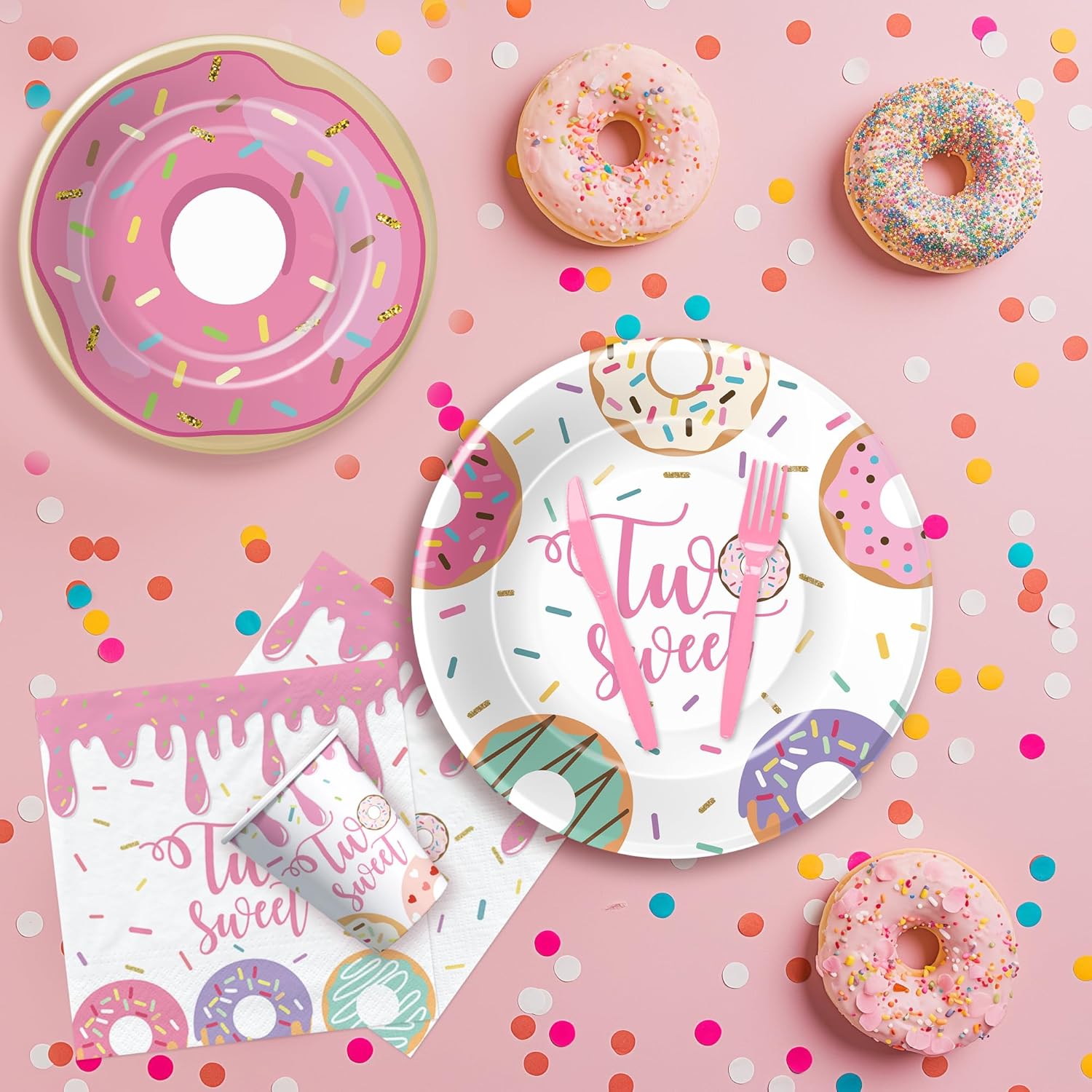 APOWBLS Donut Two Sweet Birthday Decorations Tableware Girl - Pink Donut 2nd Birthday Party Supplies, Paper Plate, Cup, Napkin, Tablecloth, Disposable Cutlery | Serves 24 - Image 5
