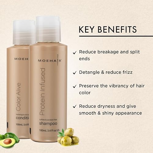Miniatura 3 de Moehair Artículos de tocador de tamaño viaje (champú con infusión de proteínas y acondicionador de color vivo)  Juego de champú y acondicionador de