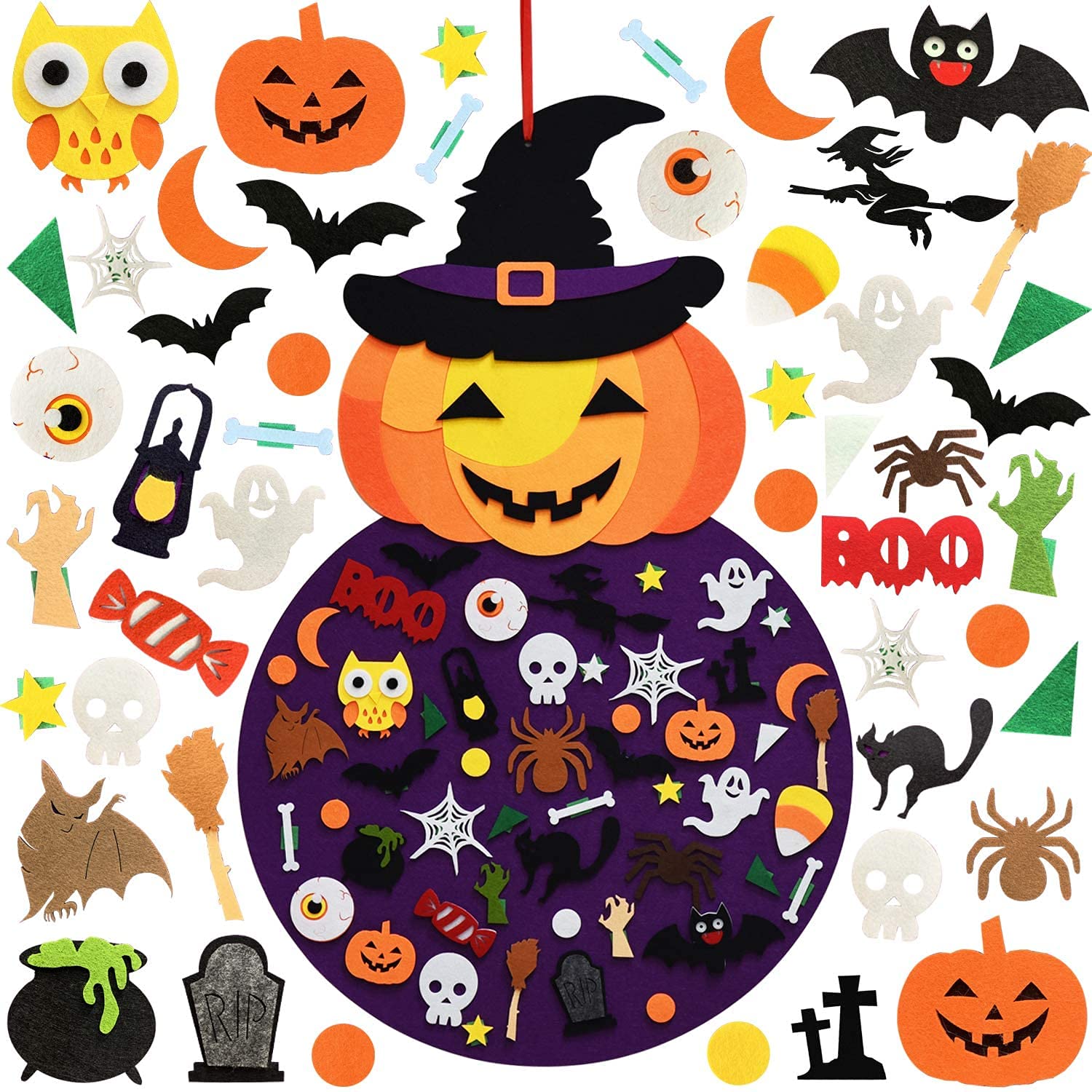 SAPU Halloween Pumpkin Witch Felt Set, Halloween DIY Crafts Gifts for Kids, Halloween Party Decorations (2.8 Ft)