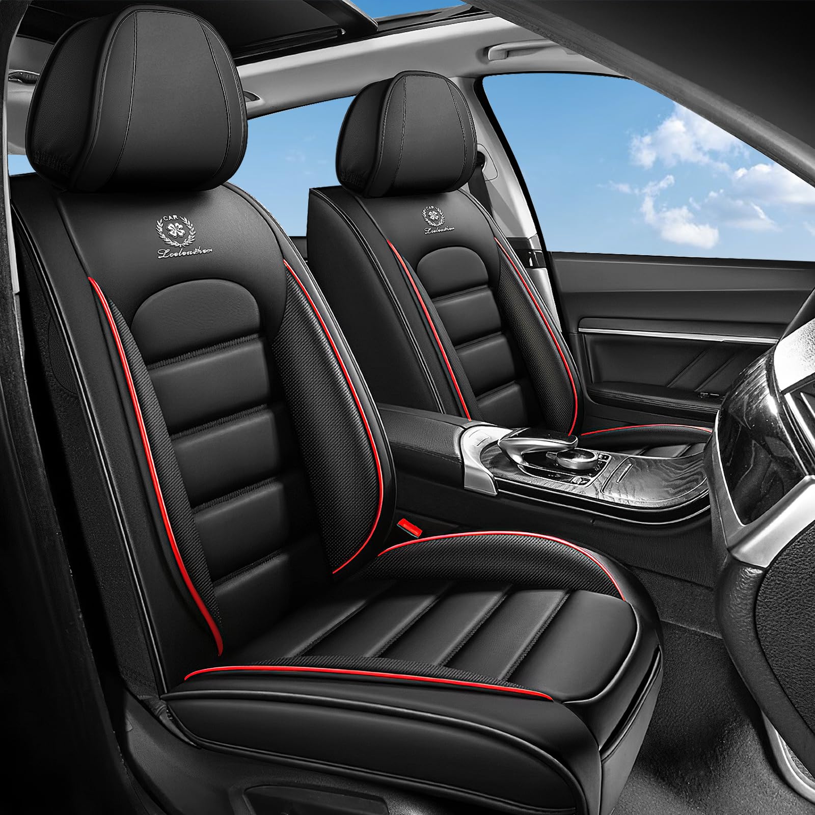 Housse Siege Voiture Universel pour Ford Ranger Wildtrak 2015-2024 2025, Couvre Siege Voiture, Coussin en Cuir De Première Qualité Imperméable,Sac de Rangement(Black Red)