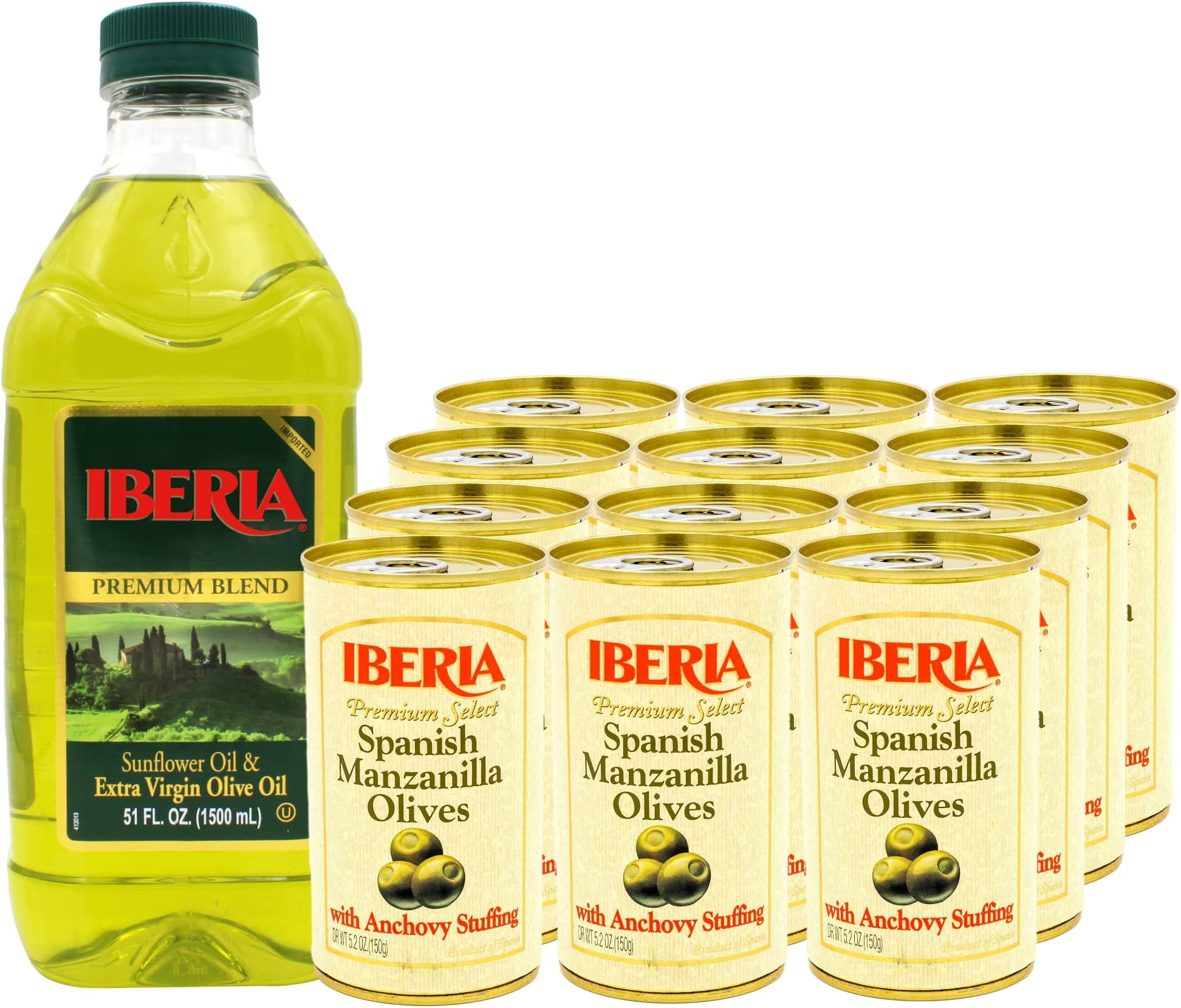 Spanish Manzanilla Olives Stuffed with Anchovies, 5.25 Oz (Pack of 12) + Iberia Extra Virgin Olive Oil & Sunflower Oil Blend, 51 oz
