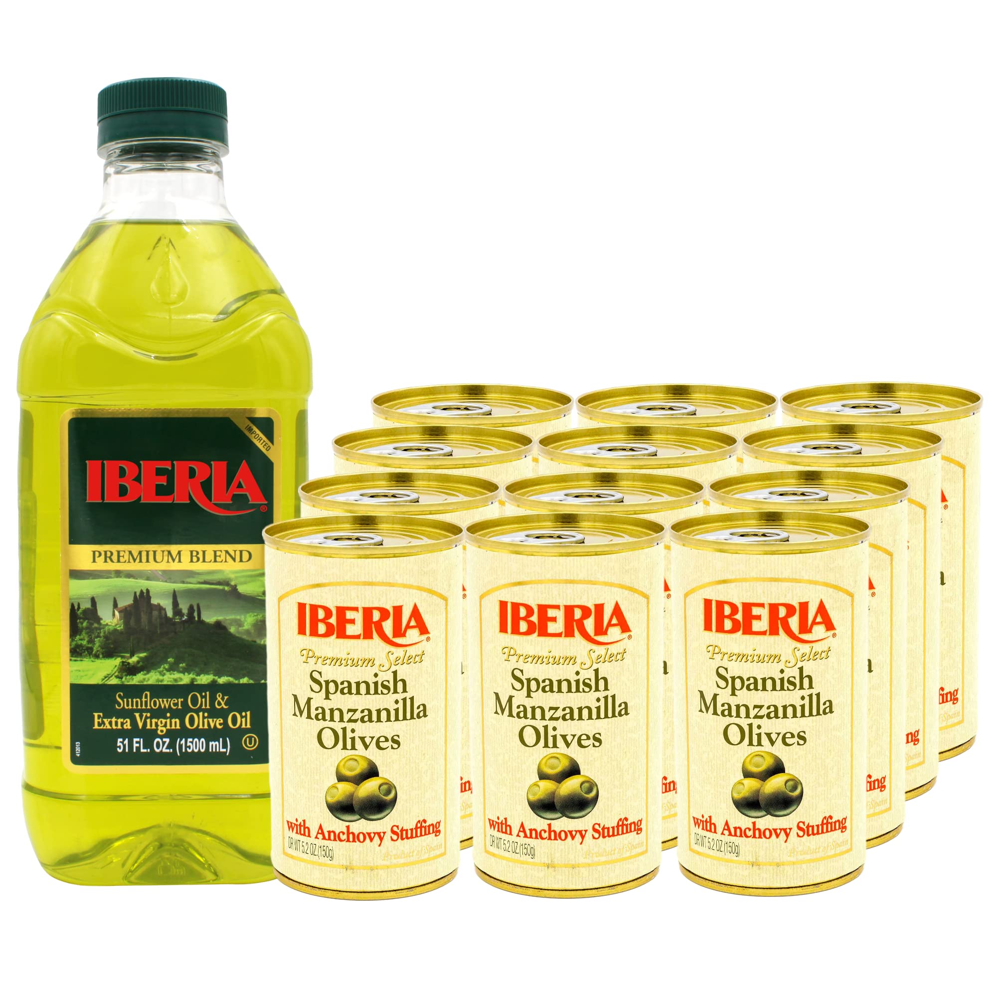 Iberia Spanish Manzanilla Olives Stuffed with Anchovies, 5.25 Oz (Pack of 12) + Iberia Extra Virgin Olive Oil & Sunflower Oil Blend, 51 oz
