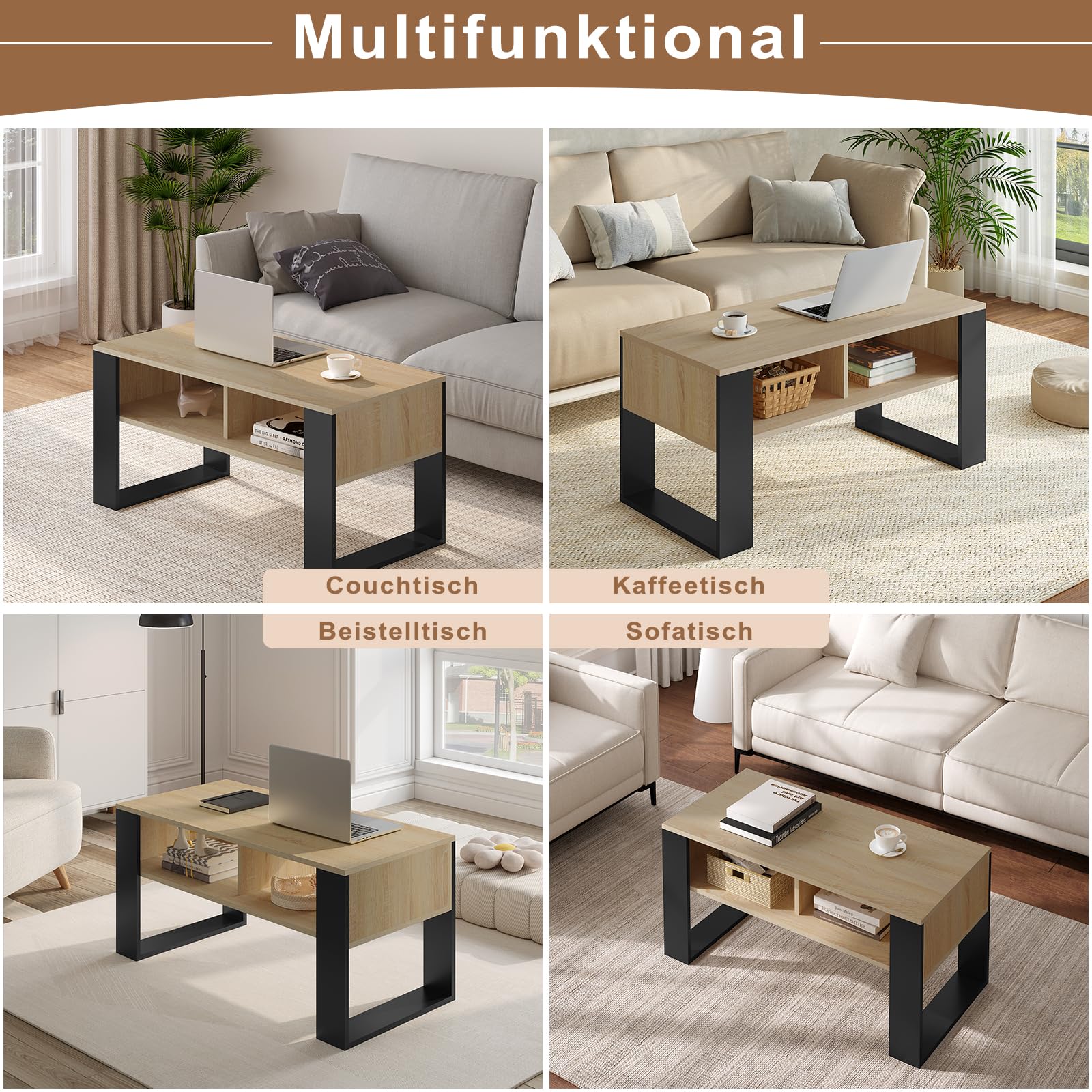 WOLTU Couchtisch mit Stauraum, Beistelltisch fürs Wohnzimmer, Wohnzimmertisch modern, rechteckiger Kaffeetisch Sofatisch, 2 offene Fächer, helle Eiche Schwarz, BTS16hei
