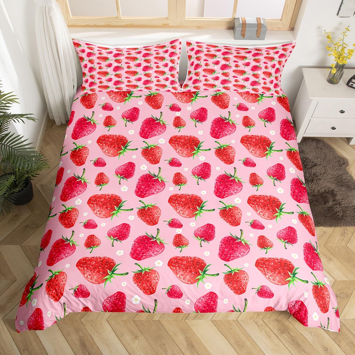 Strawberry Bedding Set Full Size Kids Pink Tropical Fruit Print Comforter Cover Set for Boys Girls Teens Sweet Strawberry Print Duvet Cover Floral Print Bedspread Cover Room Decor Quilt Cover