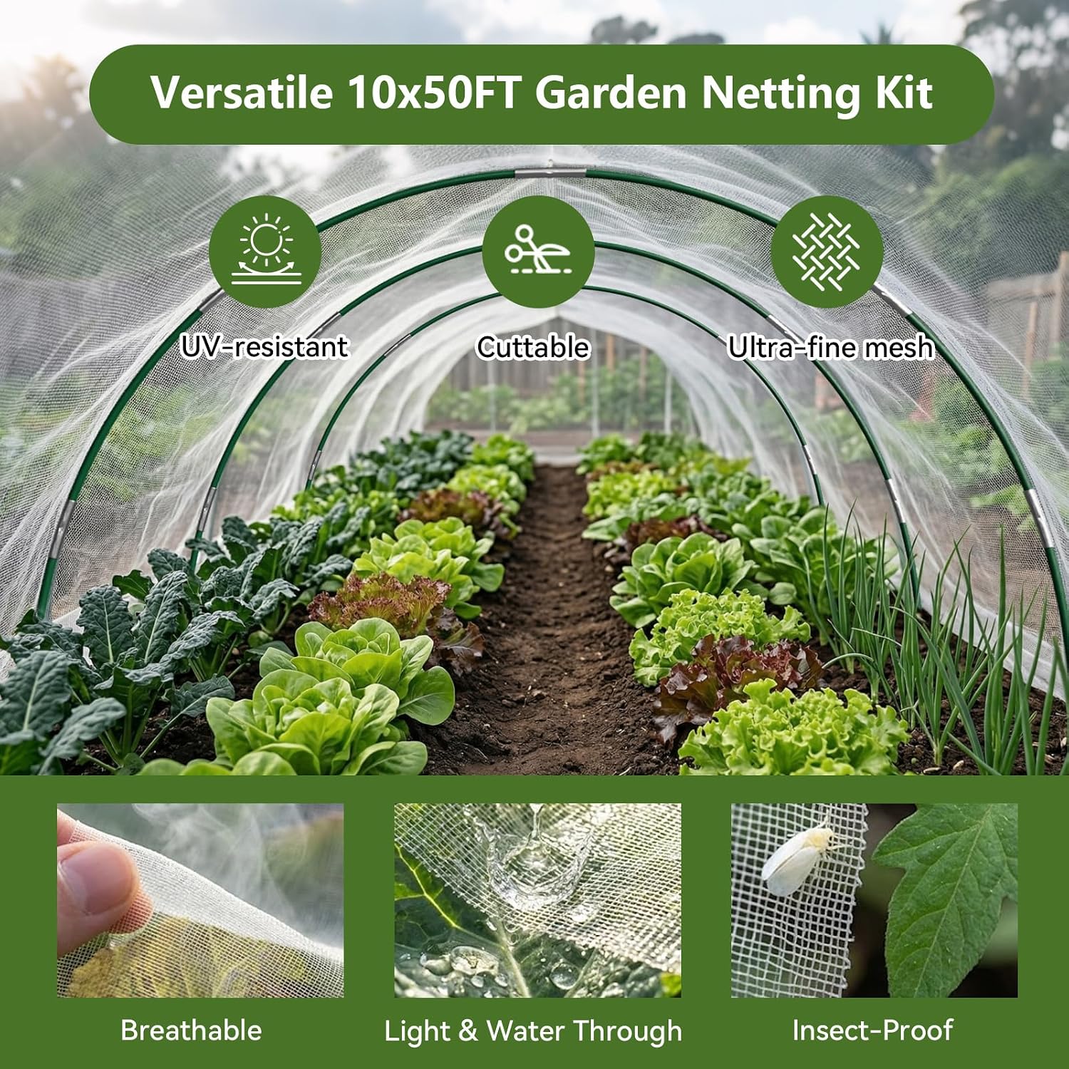 garden netting kit for raised beds, 10x50ft ultra fine mesh netting& 6 sets of 8ft fiberglass garden hoops, row cover insect netting for vegetable plant fruit flowers protection white 10x50ft