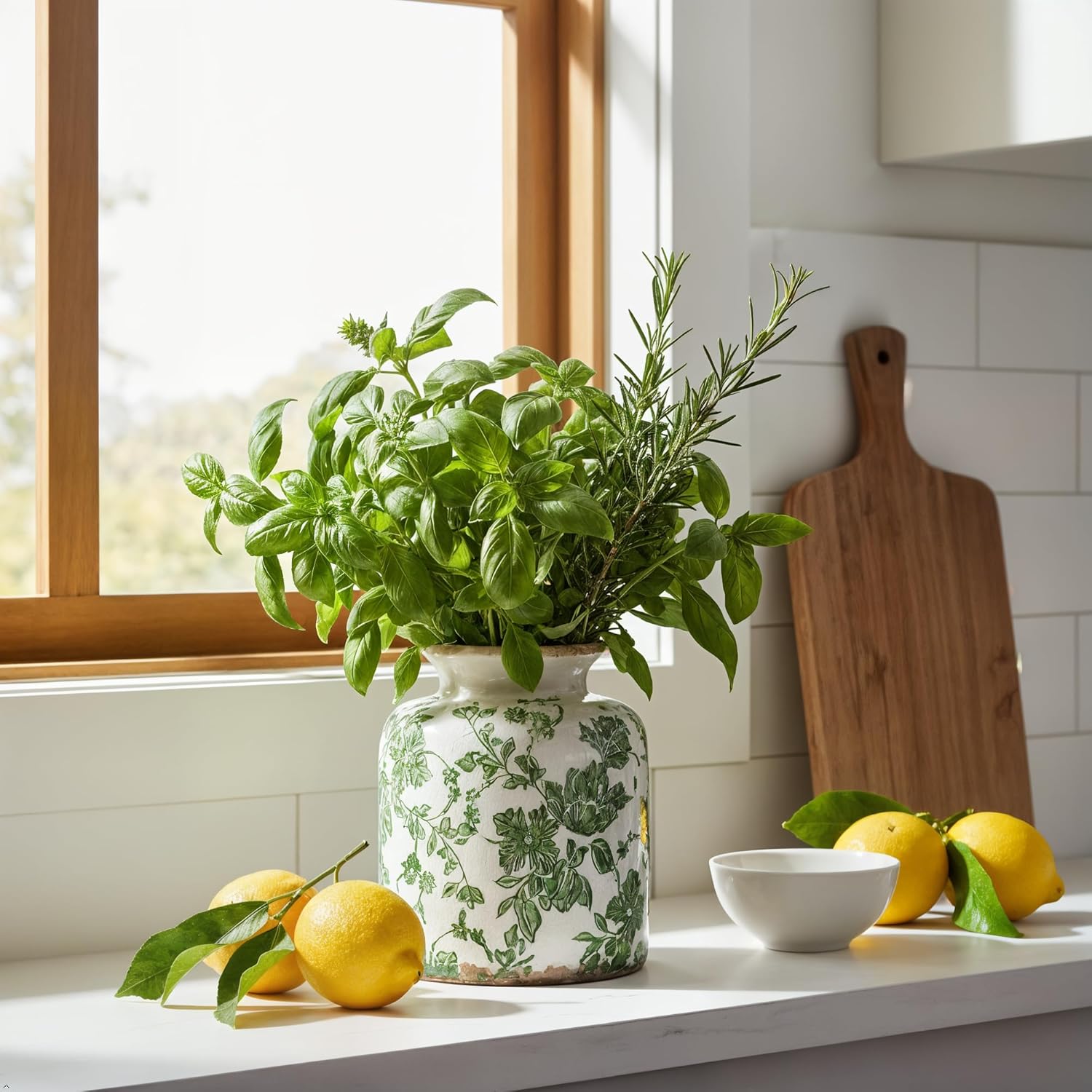 Vintage Green Crackle Glaze Ceramic Flower Vase, 6” Small Rustic Pottery-Style Decorative Vase with Distressed Beige Rim, Farmhouse Cottage Tabletop & Mantel Home Decor - Image 2