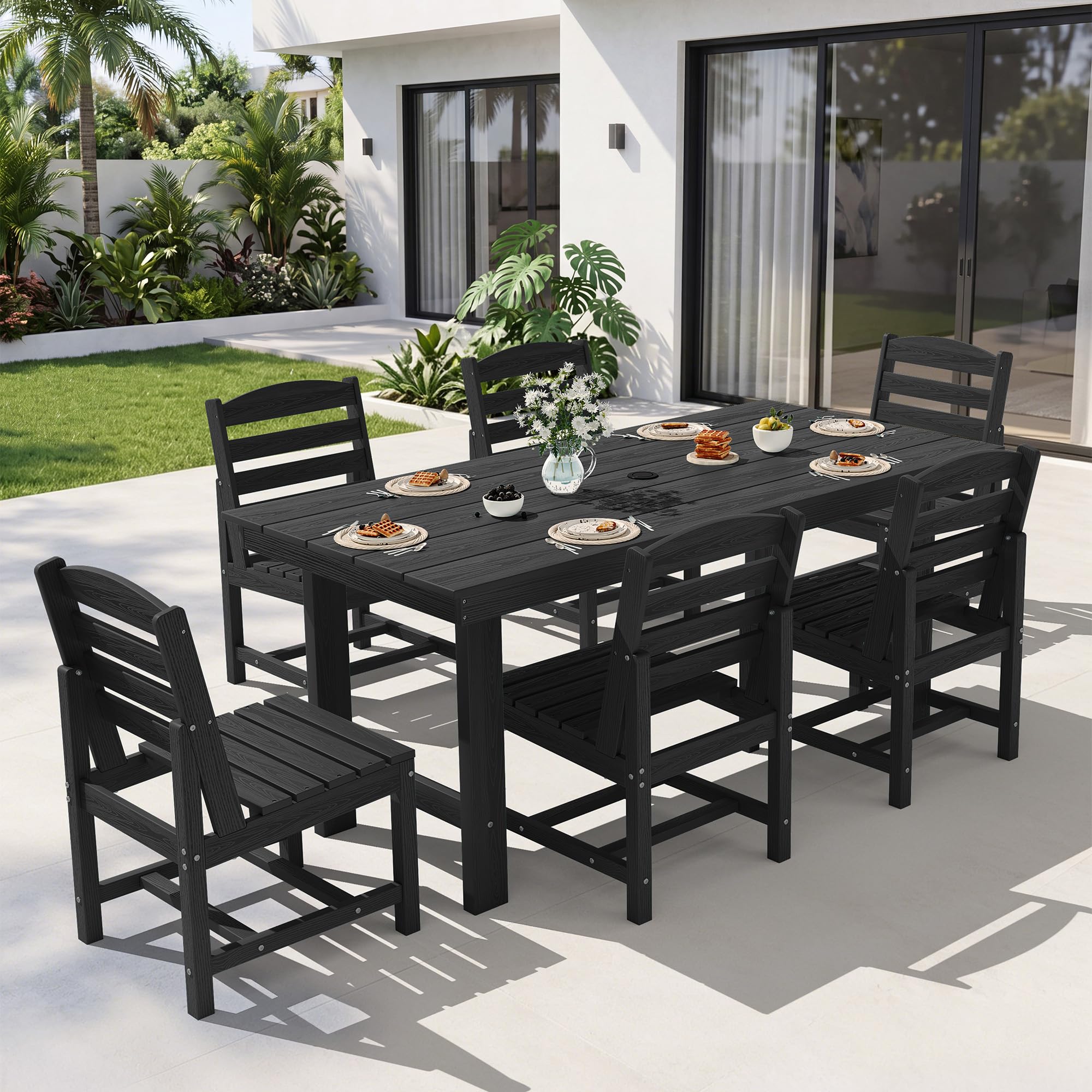 KINGYES 7-Piece Patio Dining Set, HDPE Table Armless Chairs Furniture Black