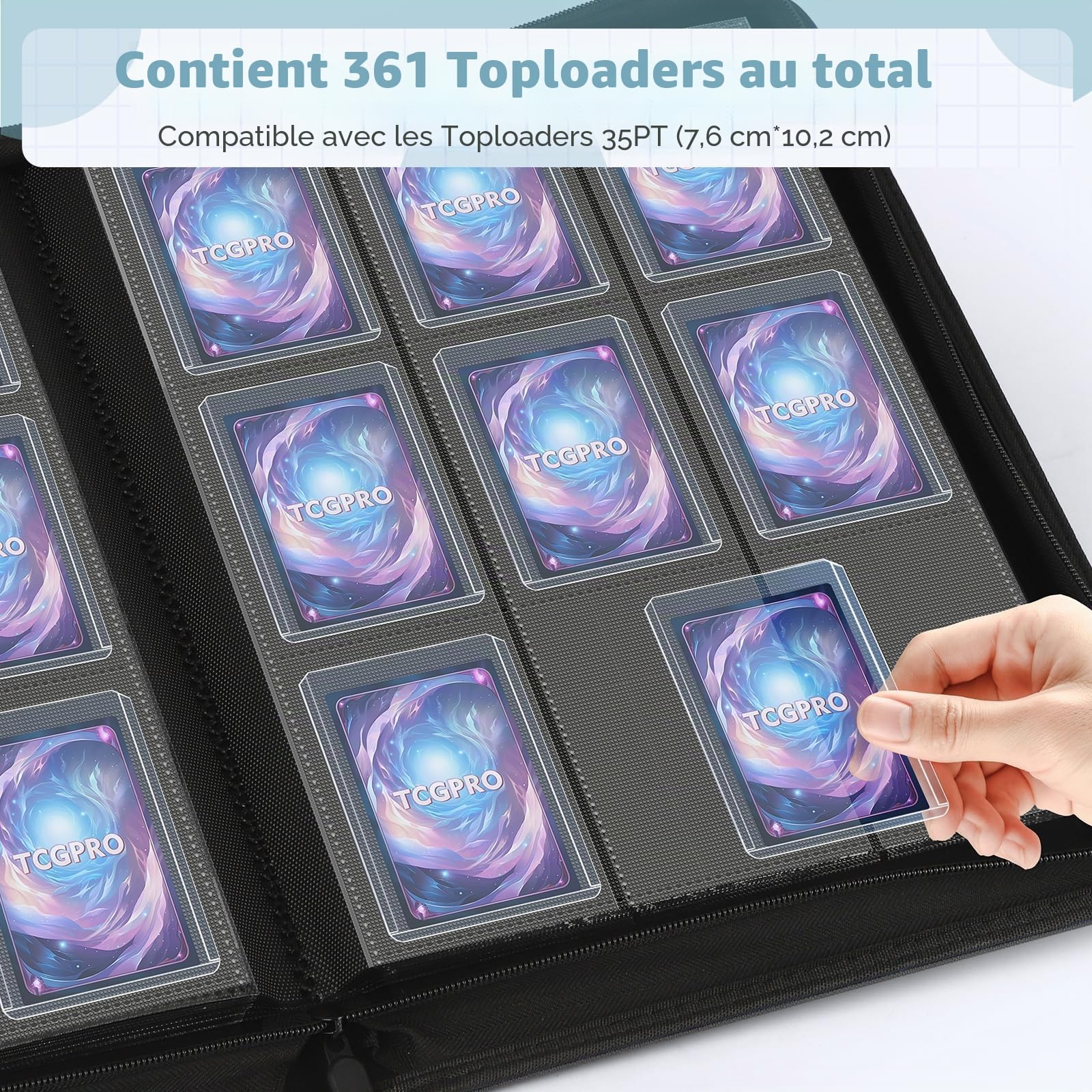 TCGPRO Toploader Classeur avec fenêtre pour 360 cartes dans des pochettes rigides de 8,6 x 10,16 cm, 9 poches latérales et fermeture éclair, compatible avec MTG, TCG, cartes de sport, etc. Noir