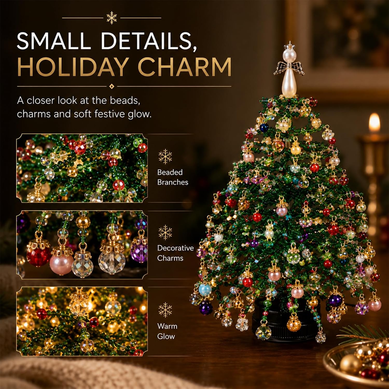 DIY Beaded Christmas Tree Kit with Lights, Crystal Tabletop Decor，A