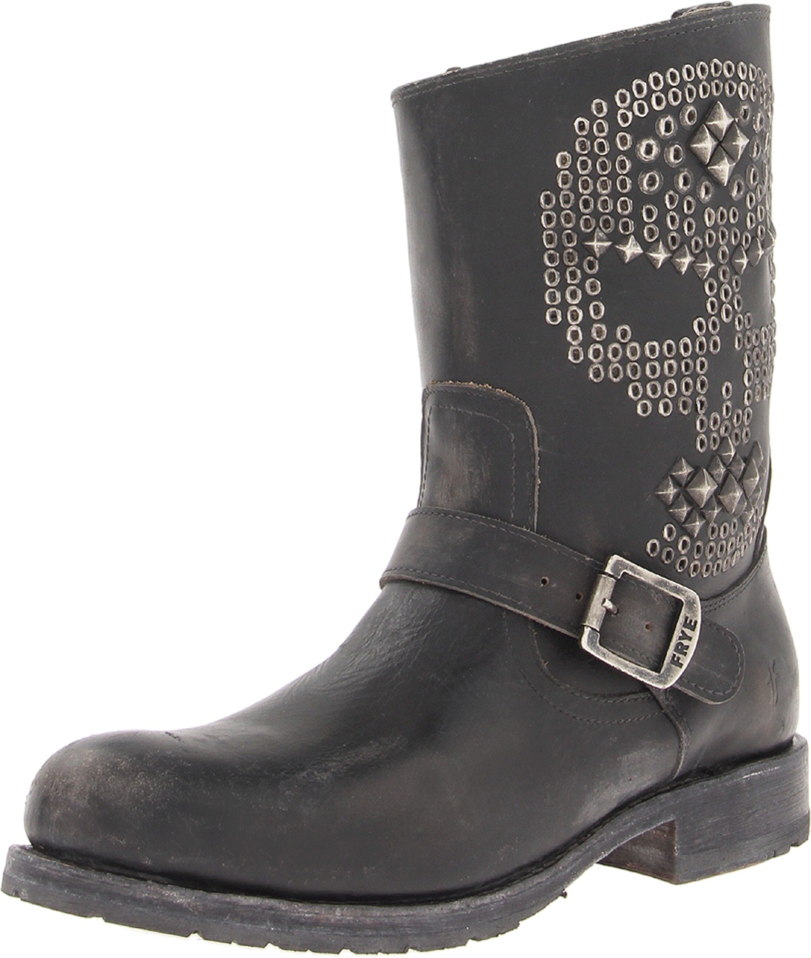 Frye Mens Rogan Studded Skull Engineer Black Stone Wash Boot