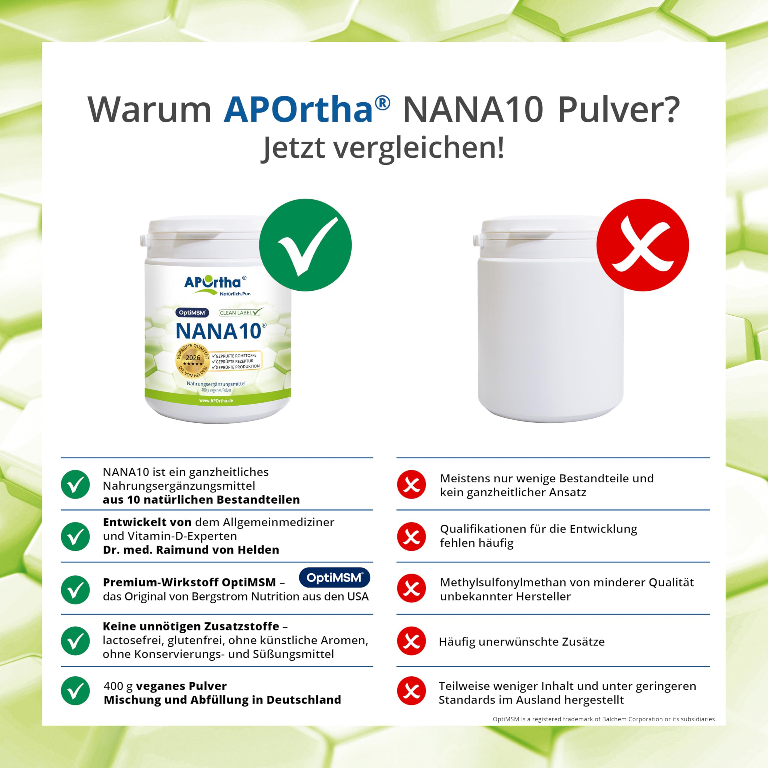 APOrtha® NaNa10 400 g veganes Pulver, Rezeptur von Dr. von Helden mit 10 Komponenten, mit Vitamin C und Magnesium sowie L-Glycin, 400g Pulver für 2 Monate, glutenfrei, allergenfrei, laktosefrei