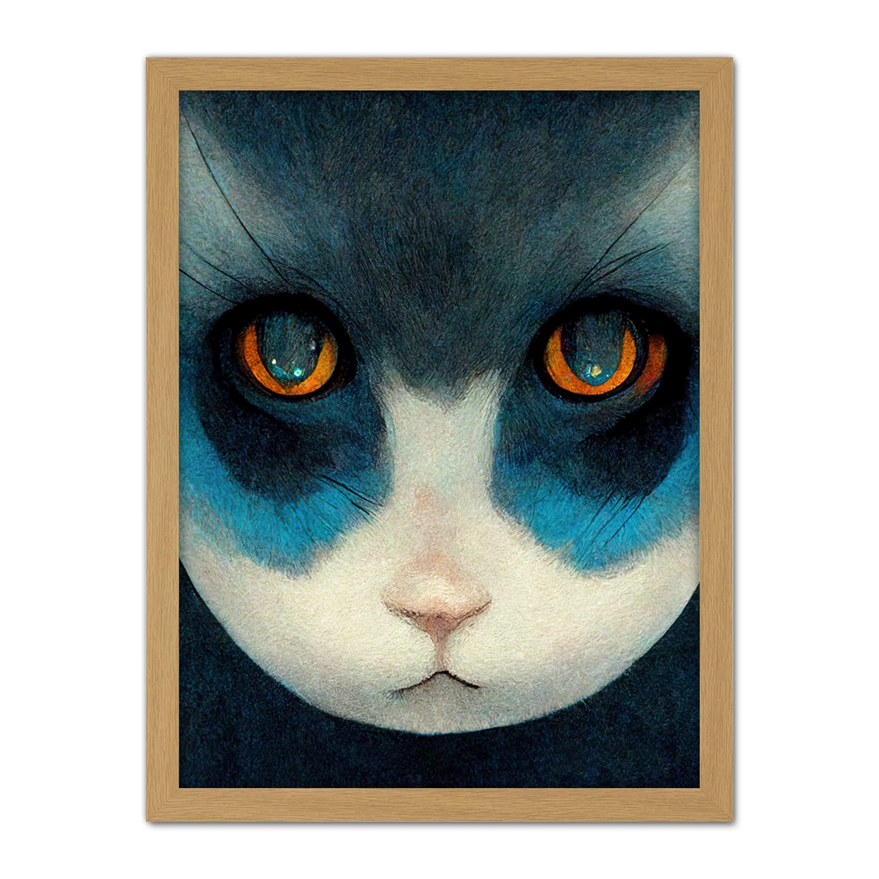 Doppelganger33 LTD Nihonga Style Japanese Cat Blue Artwork Framed Wall Art Print 18X24 Inch