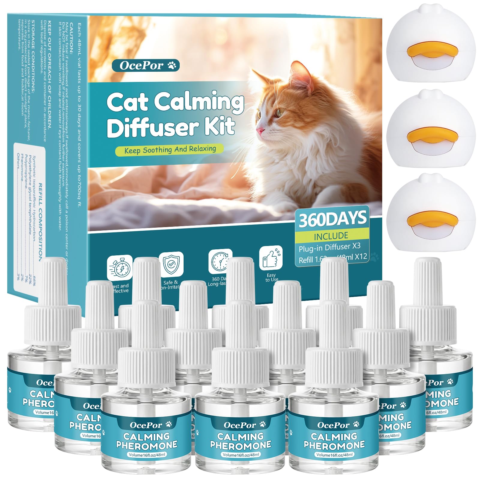 OcePor Diffuseur apaisant pour chat, 12 solutions de recharge, 3 prises - Recharge de diffuseur apaisant de phéromones pour apaiser les chats, soulager l'anxiété des chats